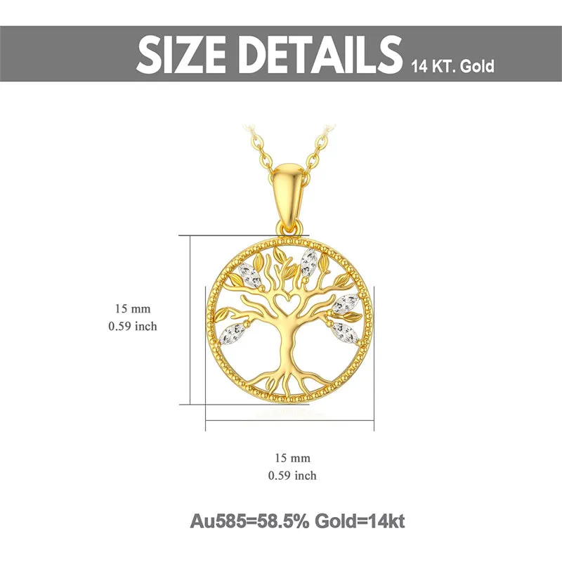 14k Solid Gold Tree of Life Necklace for Women Family Tree Pendant Necklaces for Women Love Heart Tree of Life Jewelry for Women 16-18