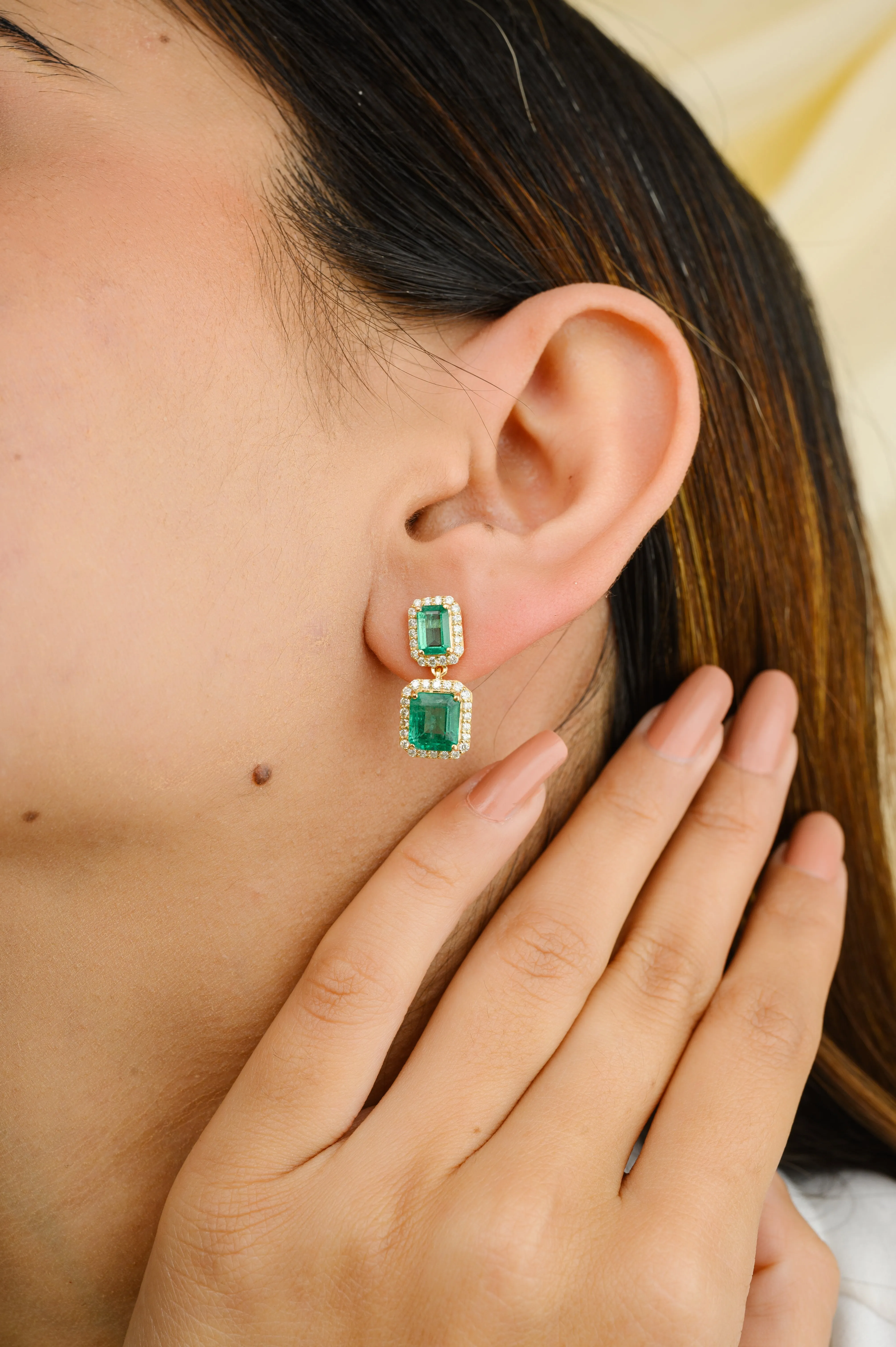 18K Gold Emerald Halo Diamond Dangle Earrings