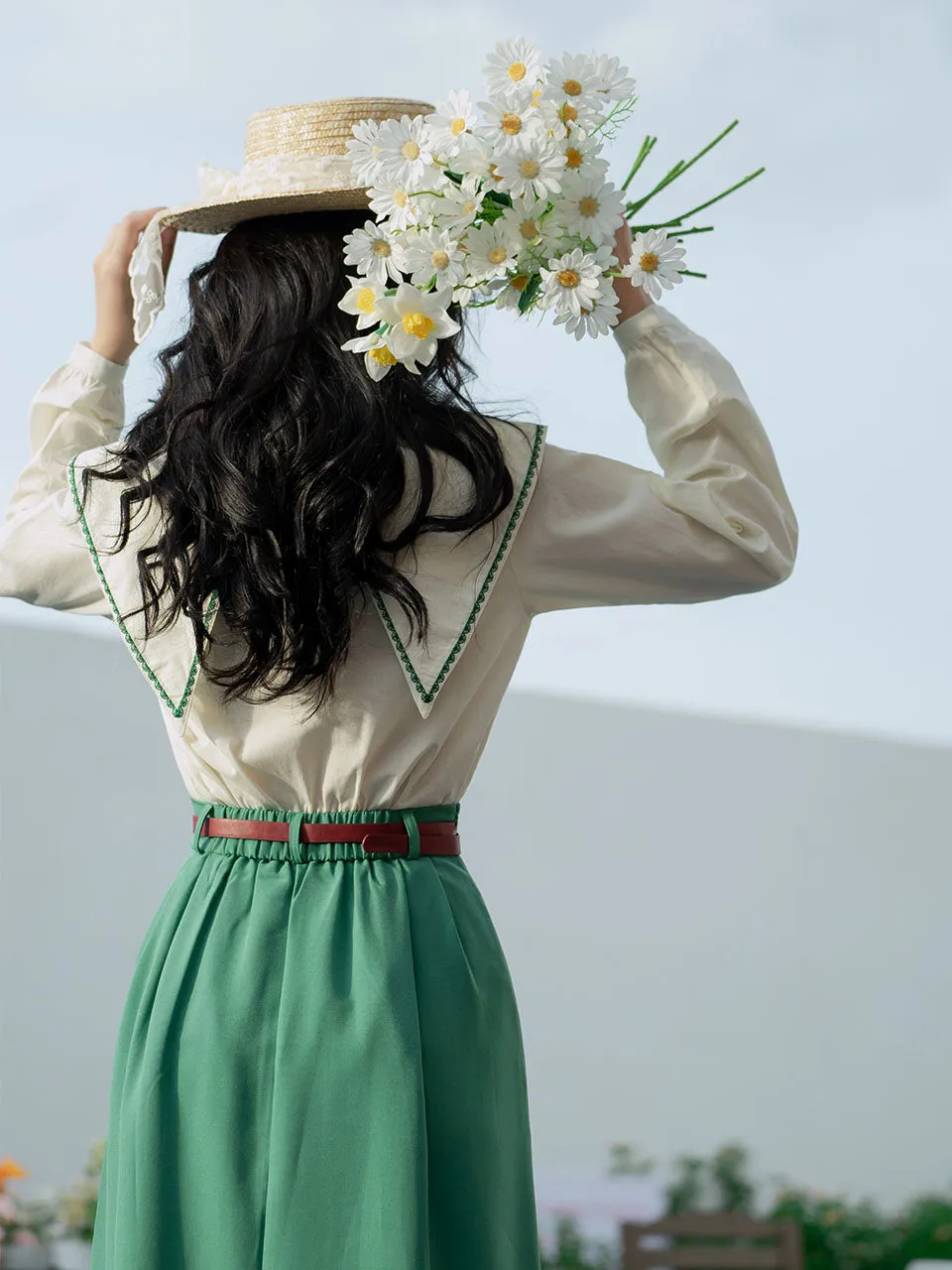 2PS Green Embroidered Overlap Collar Shirt And Swing Skirt Suit