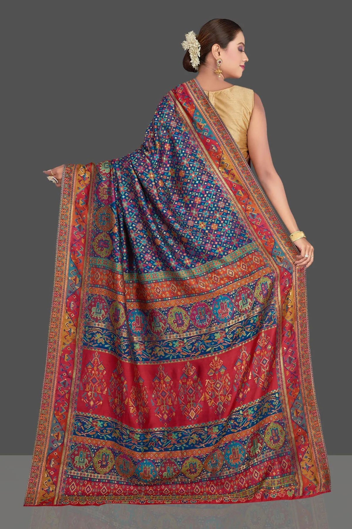 90K928-RO Blue Tussar Muga Silk Sari with Multicolor Kani Weave