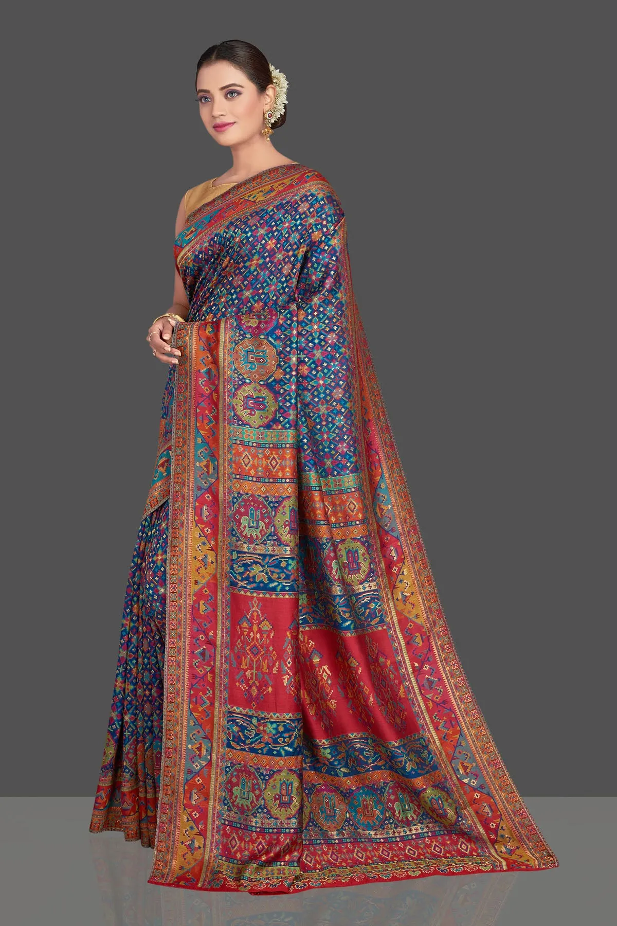 90K928-RO Blue Tussar Muga Silk Sari with Multicolor Kani Weave