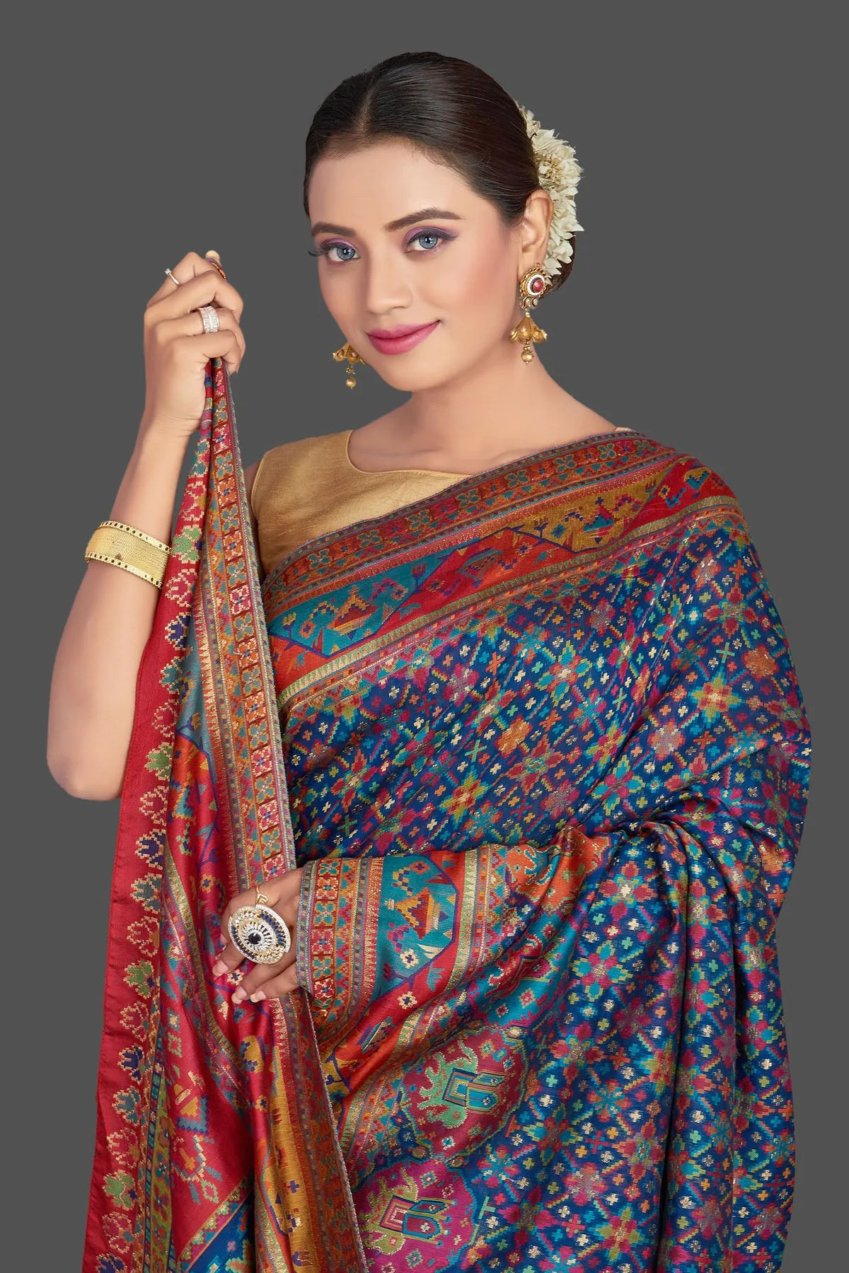 90K928-RO Blue Tussar Muga Silk Sari with Multicolor Kani Weave