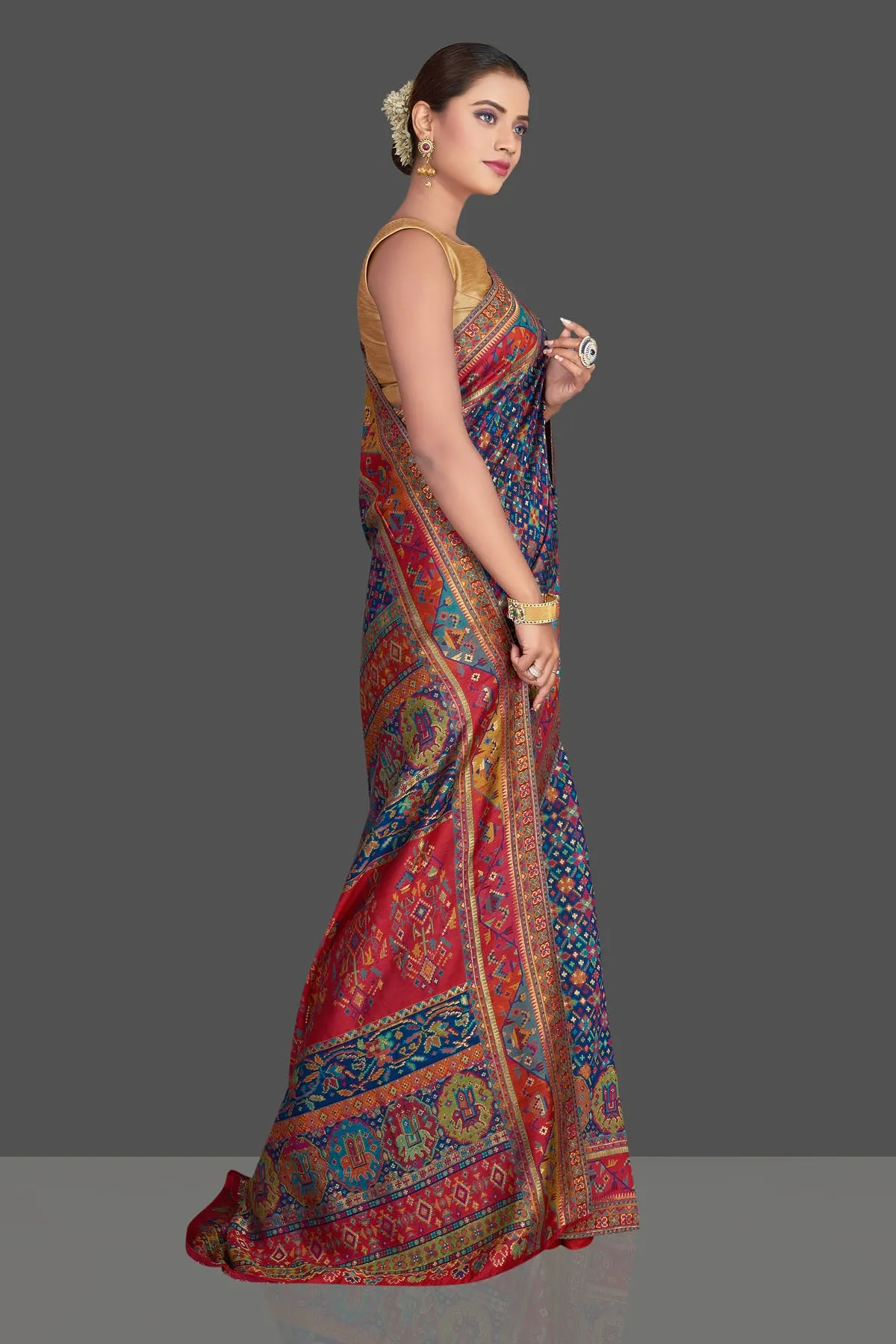 90K928-RO Blue Tussar Muga Silk Sari with Multicolor Kani Weave