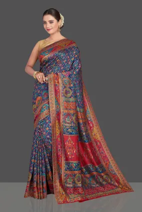 90K928-RO Blue Tussar Muga Silk Sari with Multicolor Kani Weave