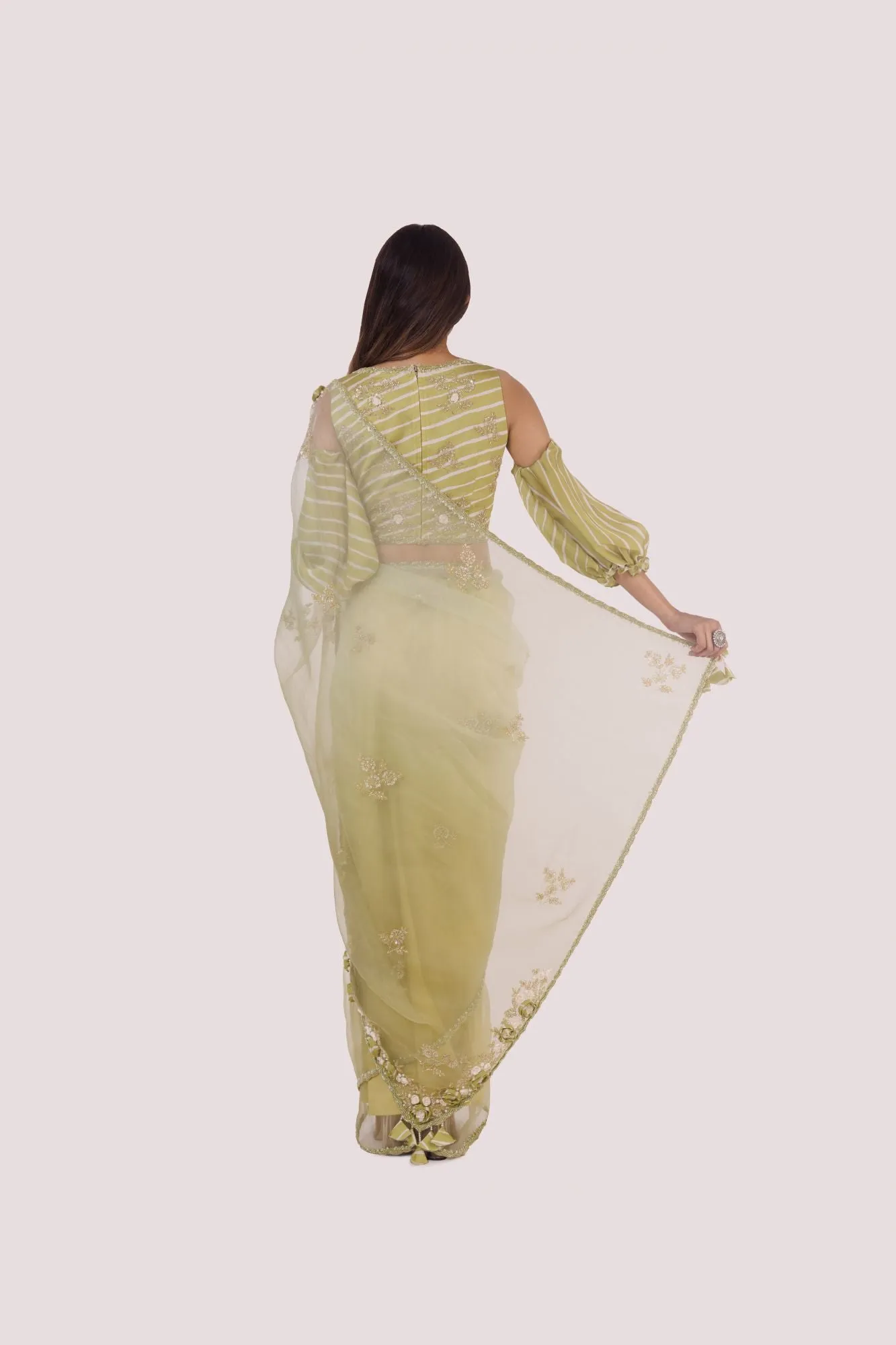 90Z966-RO Green Organza Saree With Cold Shoulder