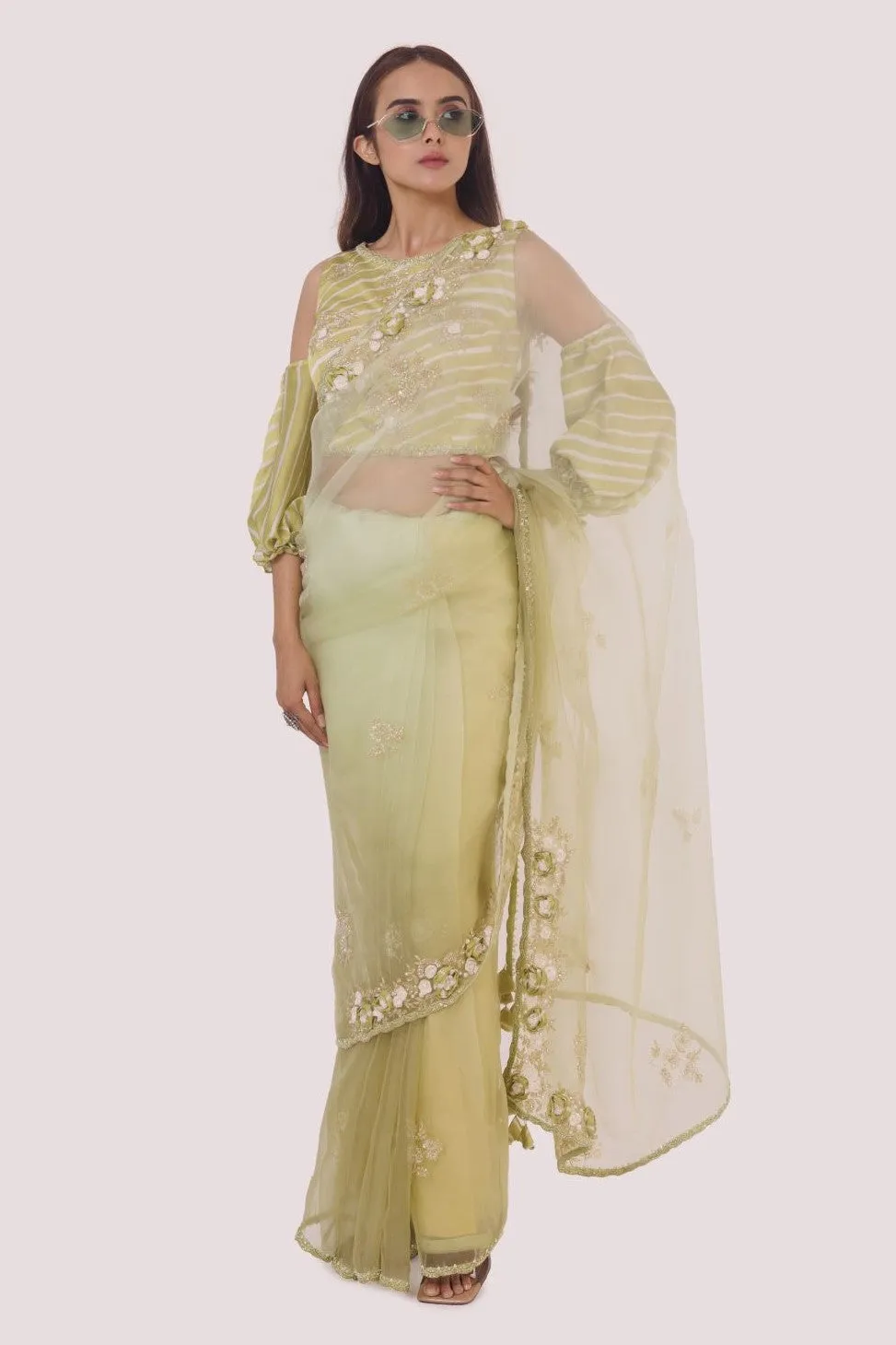 90Z966-RO Green Organza Saree With Cold Shoulder