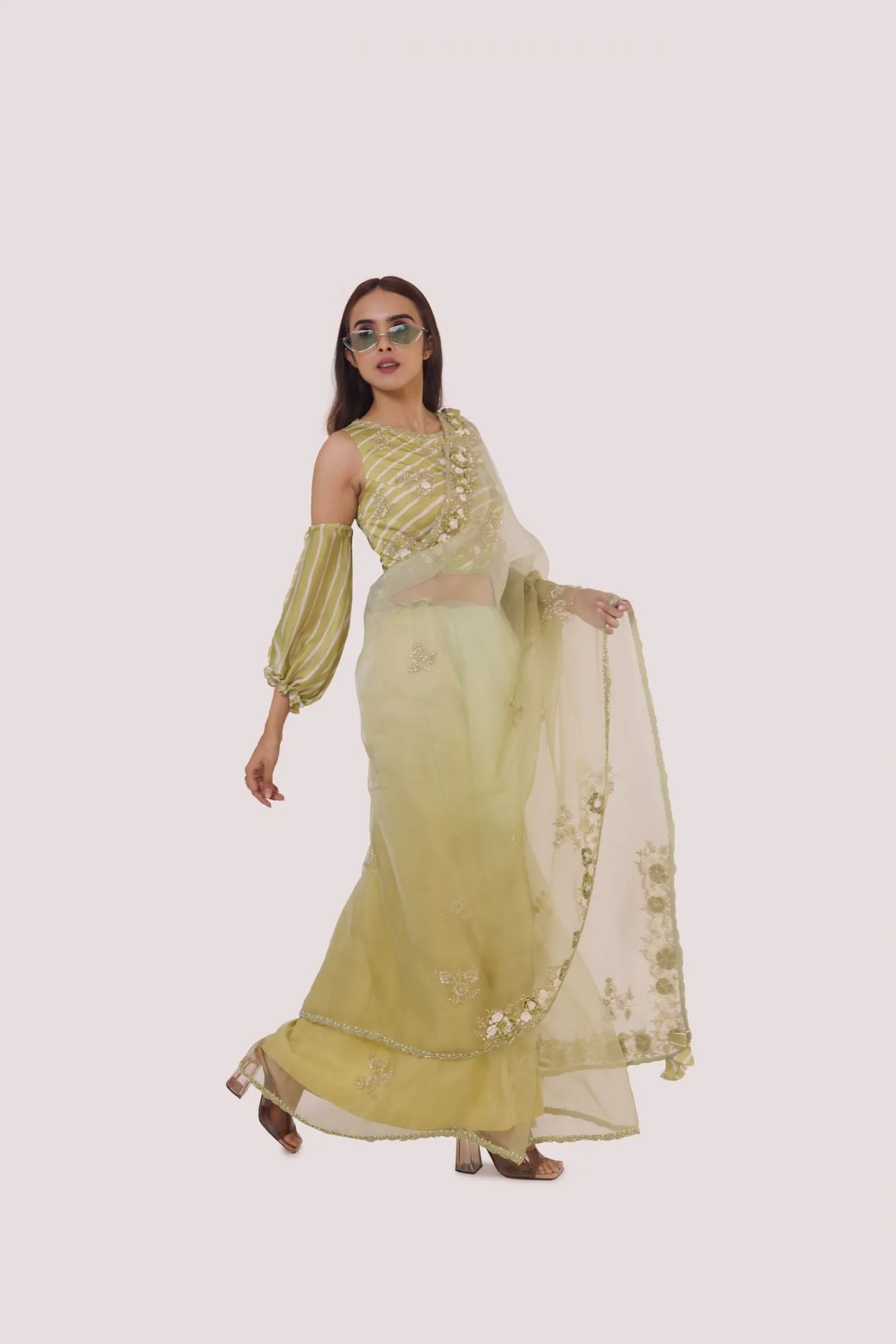 90Z966-RO Green Organza Saree With Cold Shoulder