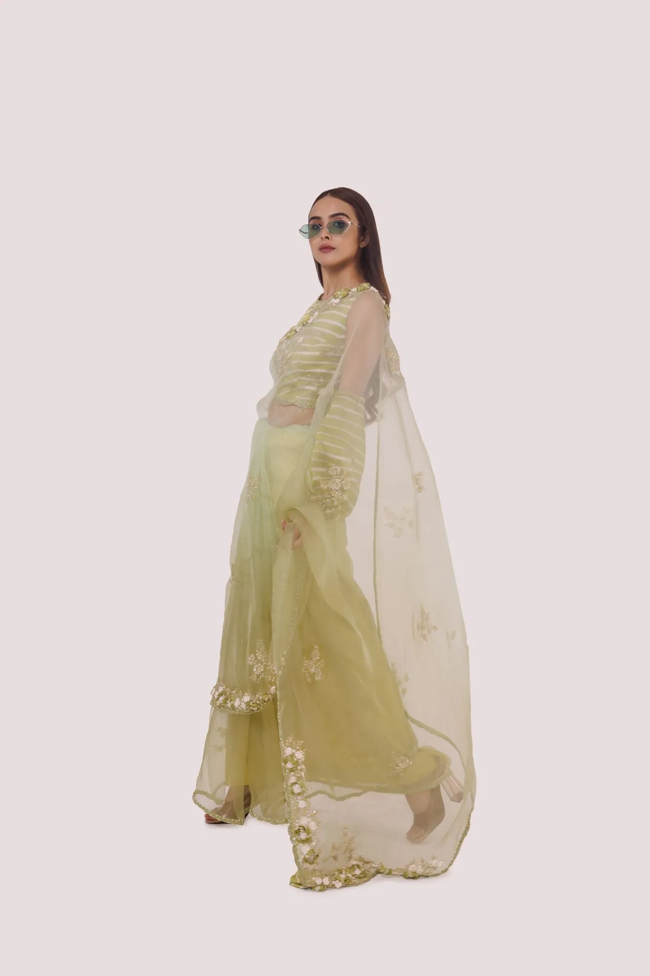 90Z966-RO Green Organza Saree With Cold Shoulder