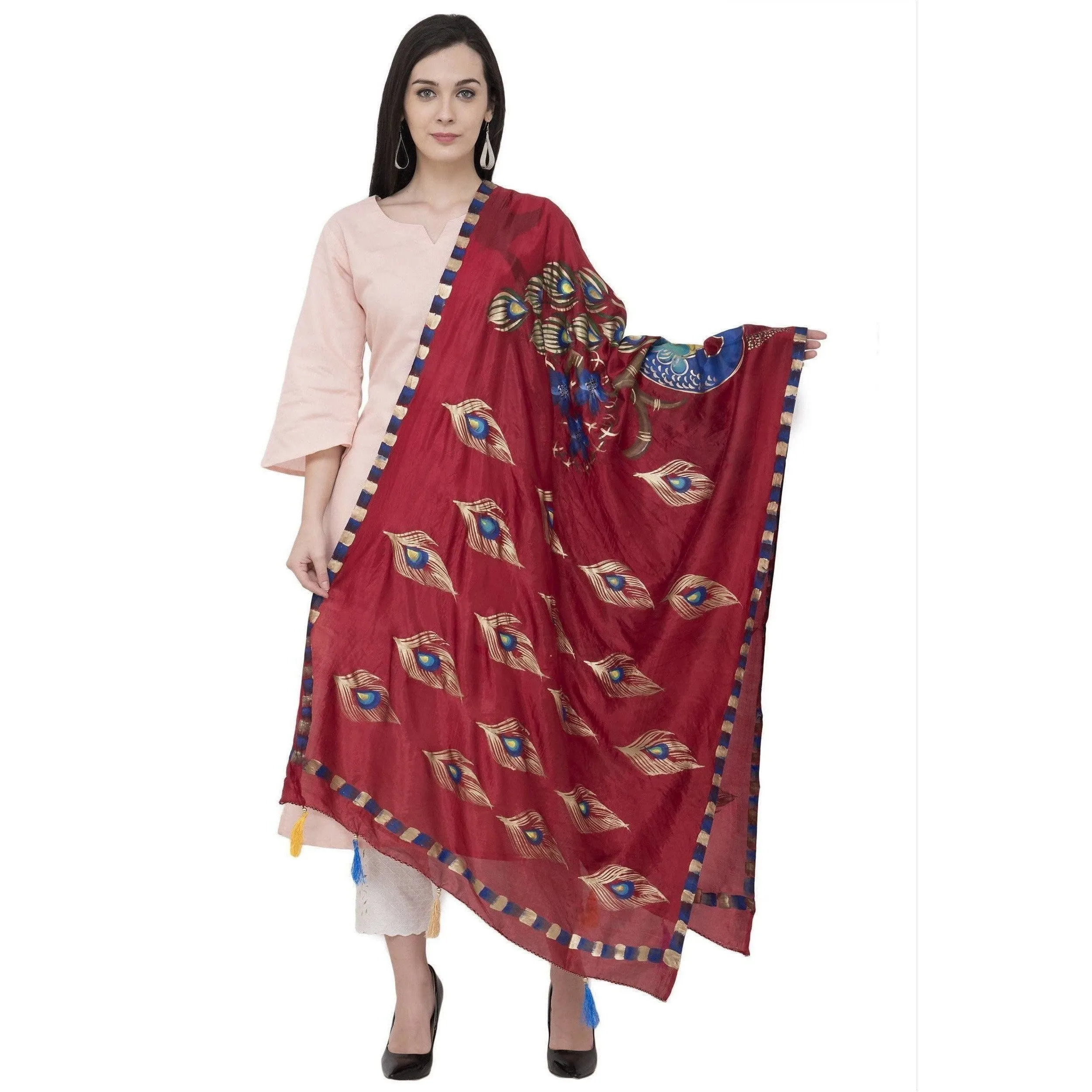 A R Silk Silk Peacock Multi Fancy Dupatta Color Mehroon Dupatta or Chunni