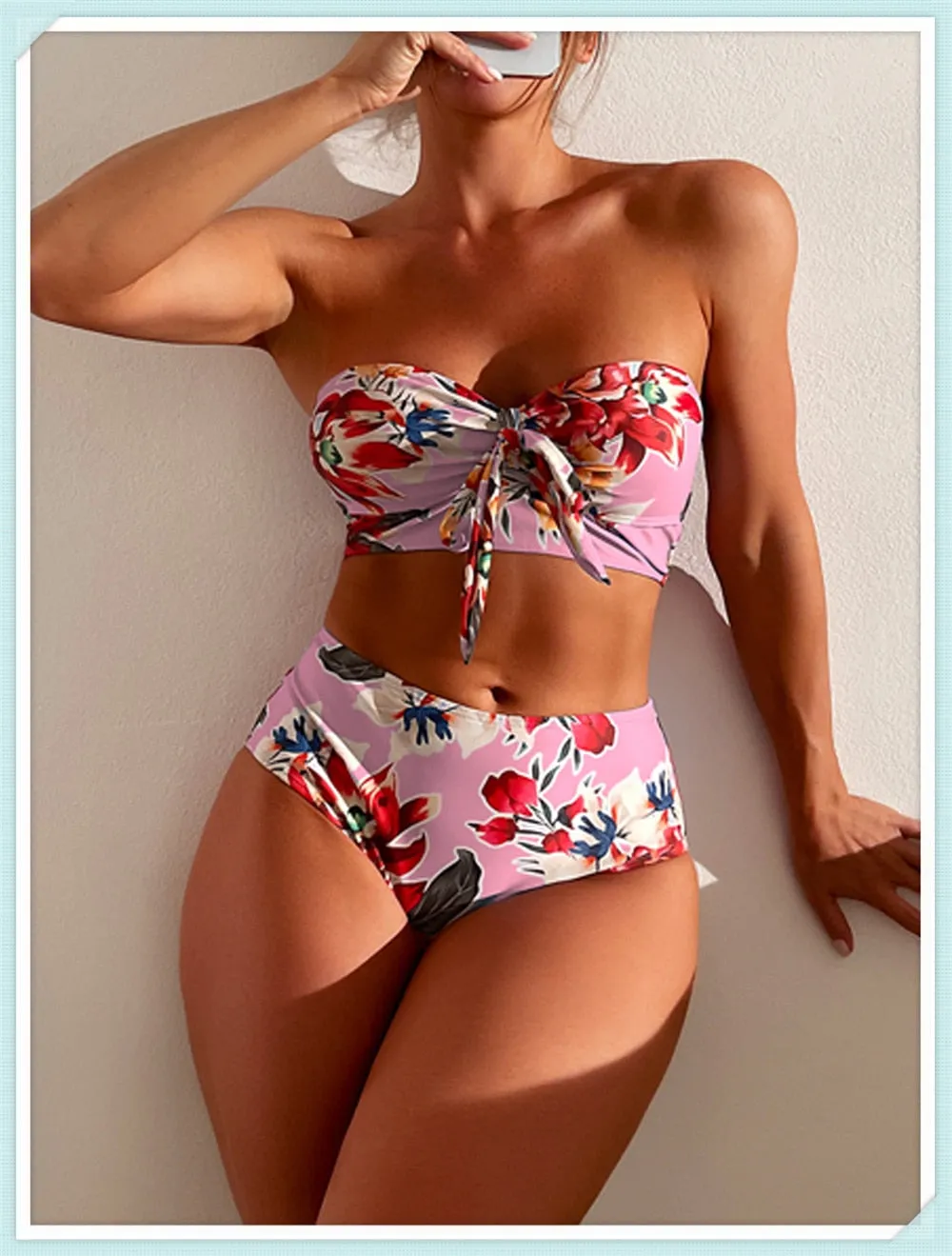 Amalfi Angel Bikini Floral Knot Front Bandeau High Waist Bikini