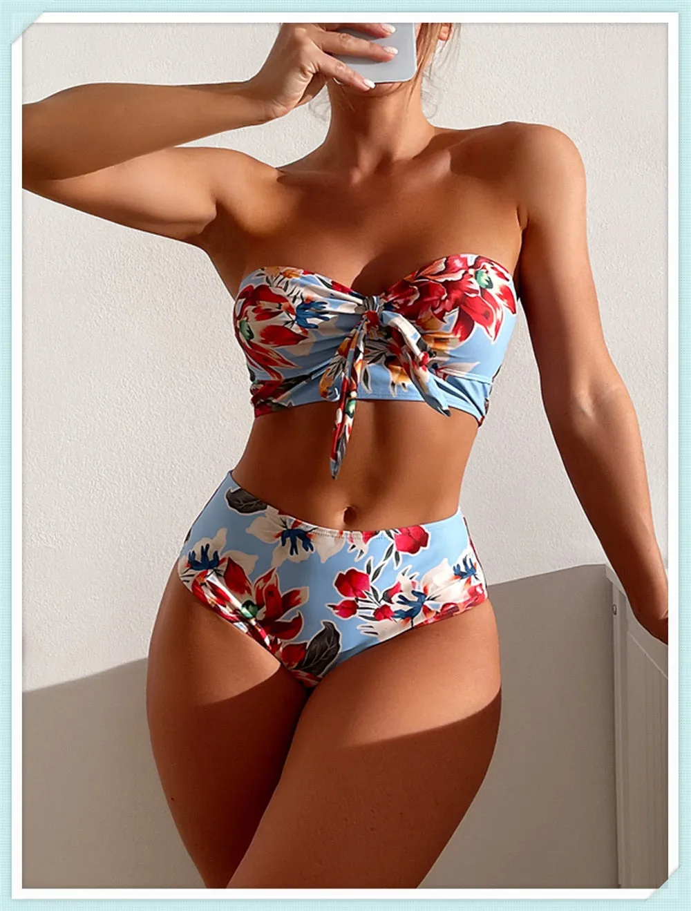 Amalfi Angel Bikini Floral Knot Front Bandeau High Waist Bikini