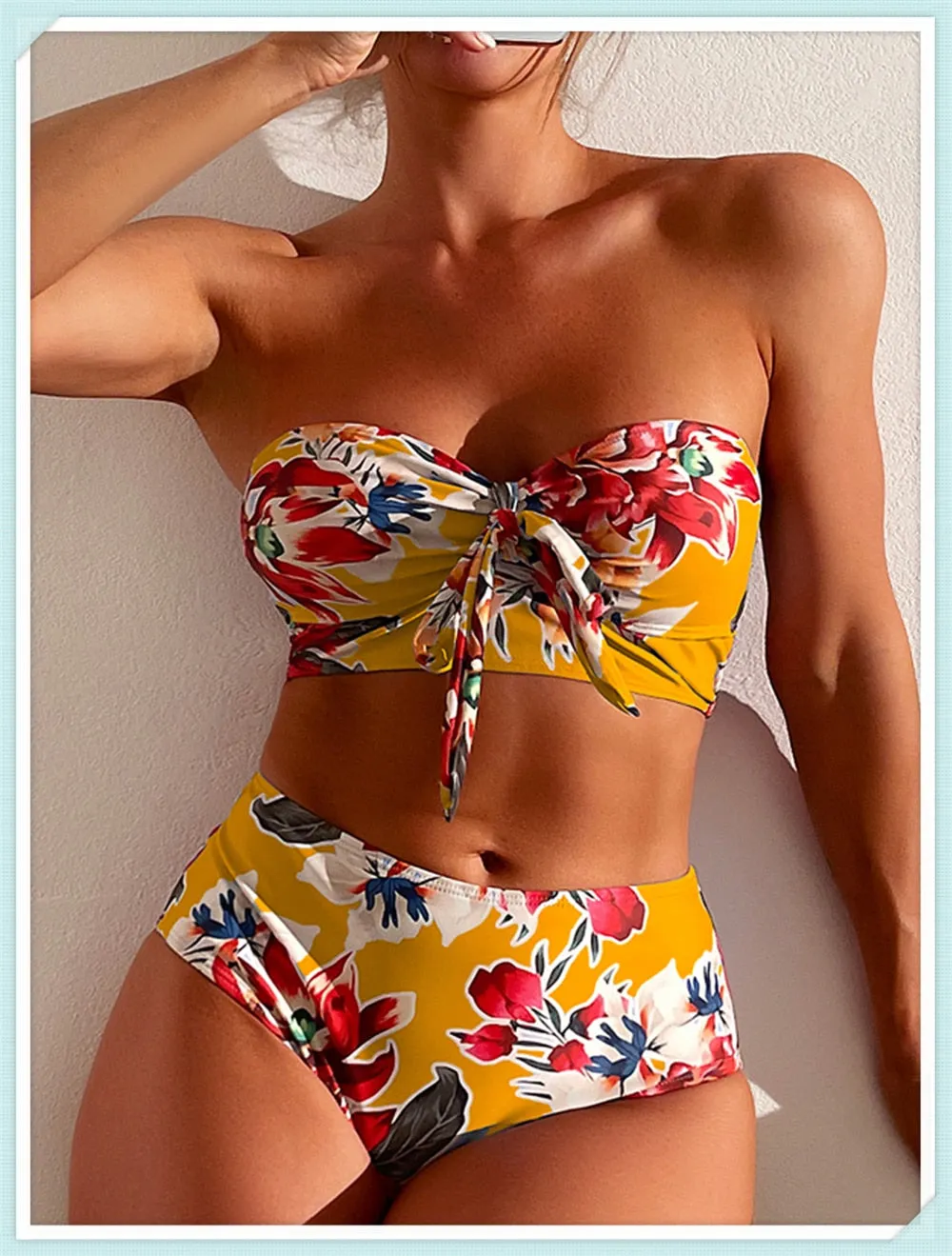 Amalfi Angel Bikini Floral Knot Front Bandeau High Waist Bikini