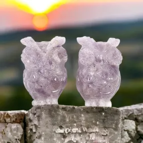 Amethyst Gemstone Carving : 66.50cts Natural Untreated Purple Amethyst Hand Carved Owl Sculpture 24*16mm Pair