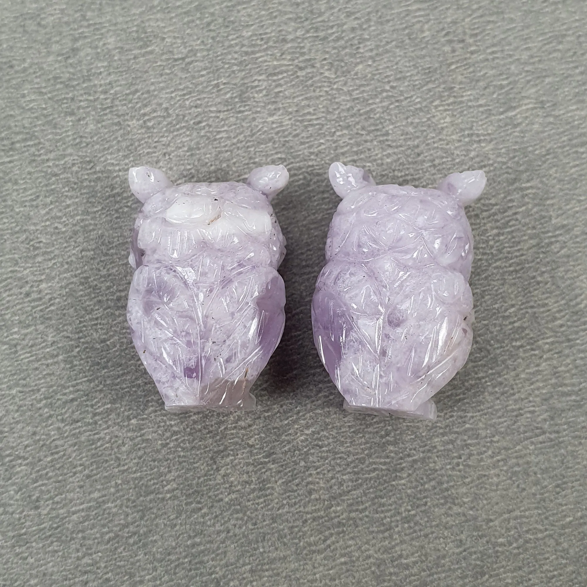 Amethyst Gemstone Carving : 66.50cts Natural Untreated Purple Amethyst Hand Carved Owl Sculpture 24*16mm Pair