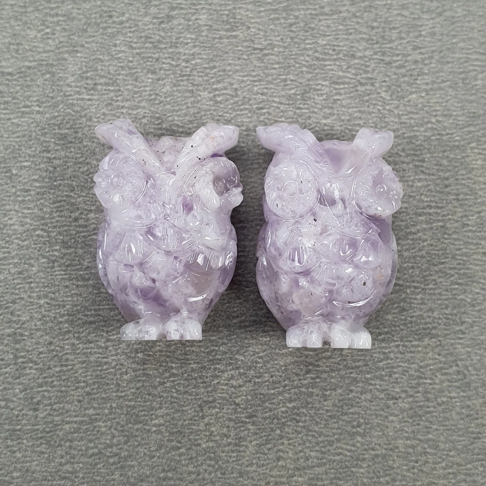 Amethyst Gemstone Carving : 66.50cts Natural Untreated Purple Amethyst Hand Carved Owl Sculpture 24*16mm Pair