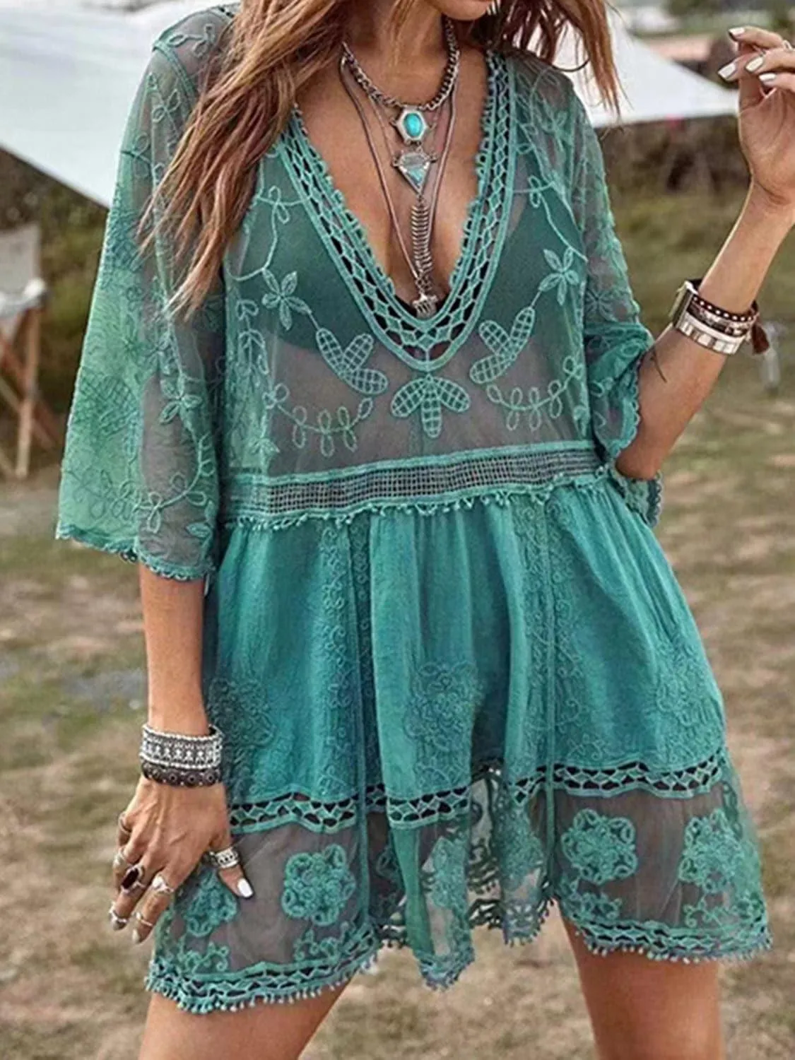 Andrea Lace Detail Plunge Cover-Up Dress