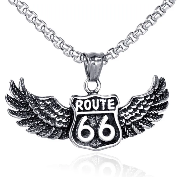 Angel Winged Route 66 Biker Pendant Necklace,Stainless Steel