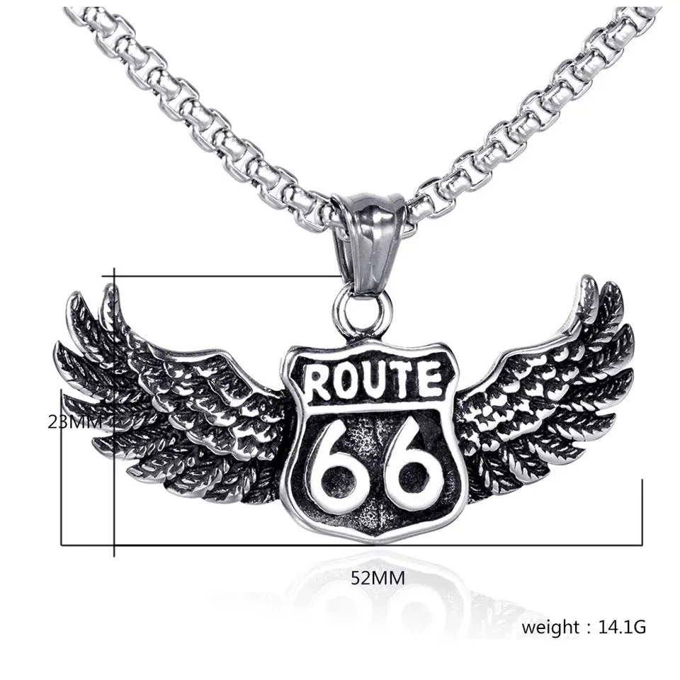 Angel Winged Route 66 Biker Pendant Necklace,Stainless Steel