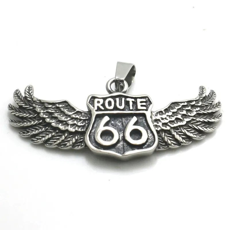 Angel Winged Route 66 Biker Pendant Necklace,Stainless Steel