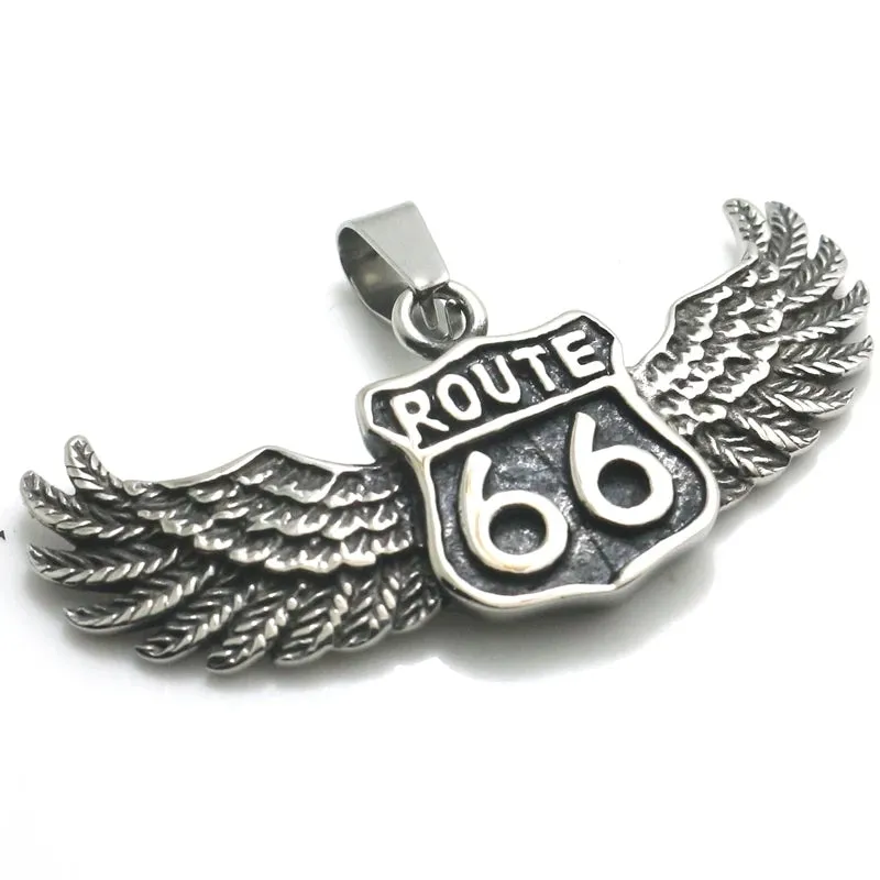 Angel Winged Route 66 Biker Pendant Necklace,Stainless Steel