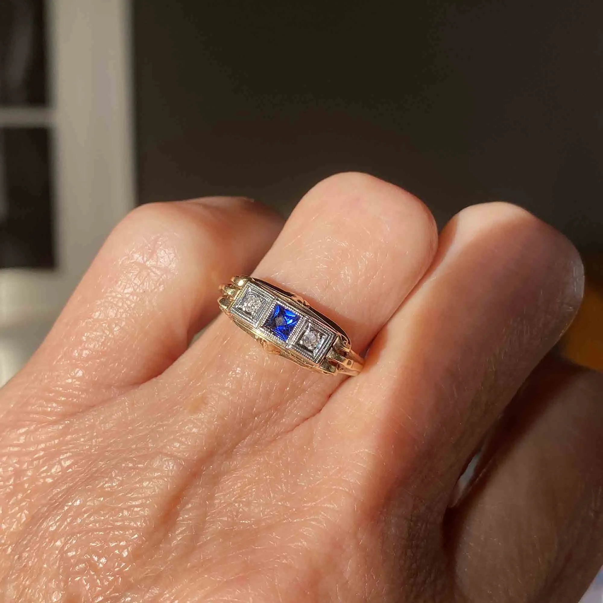 Art Deco 14K Gold Diamond Sapphire Ring