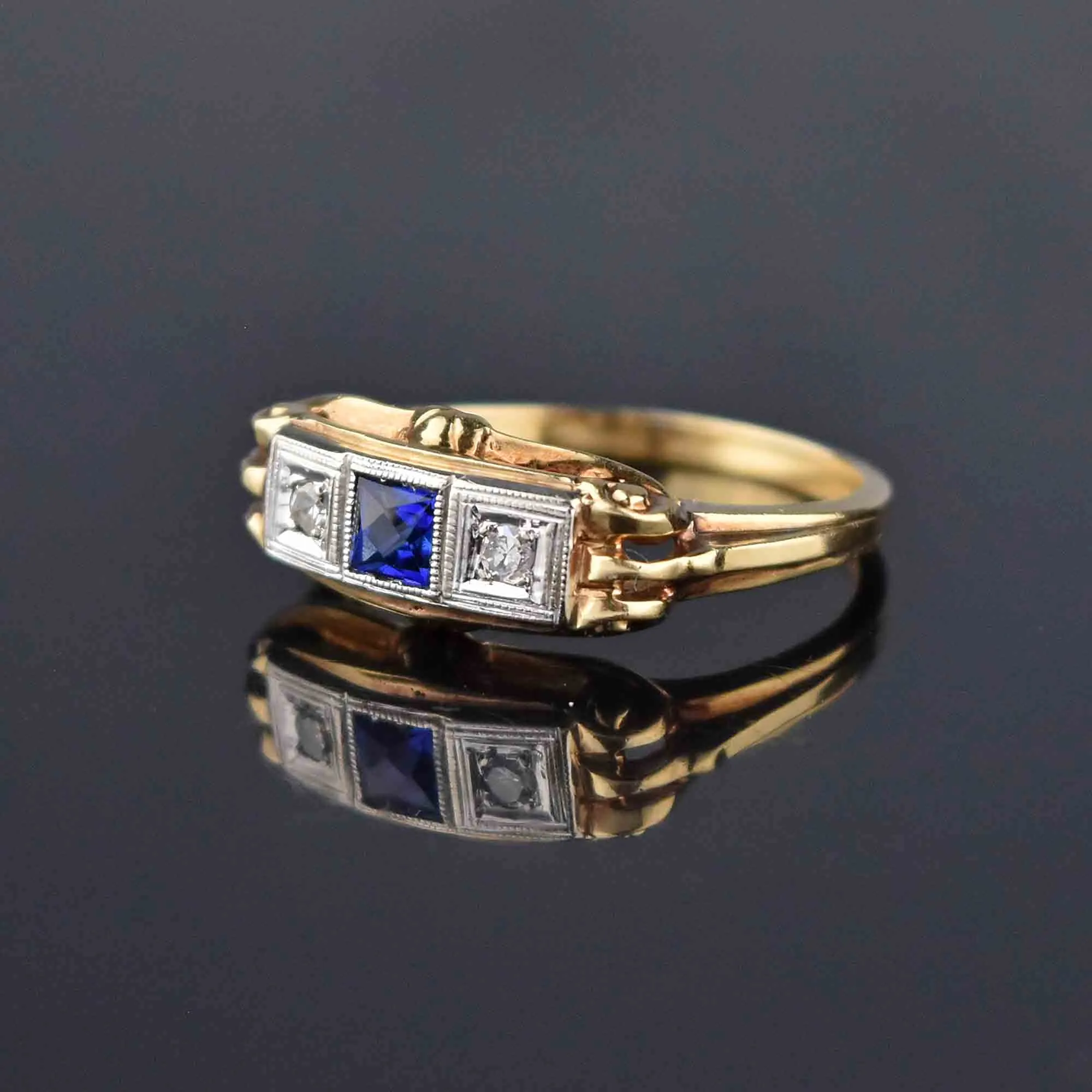 Art Deco 14K Gold Diamond Sapphire Ring