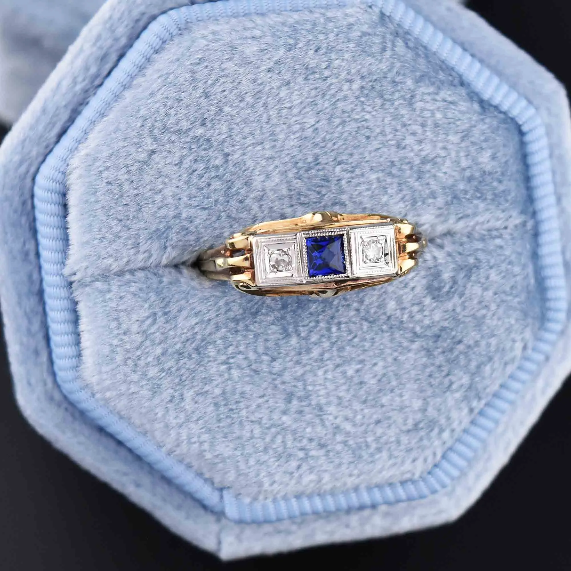 Art Deco 14K Gold Diamond Sapphire Ring