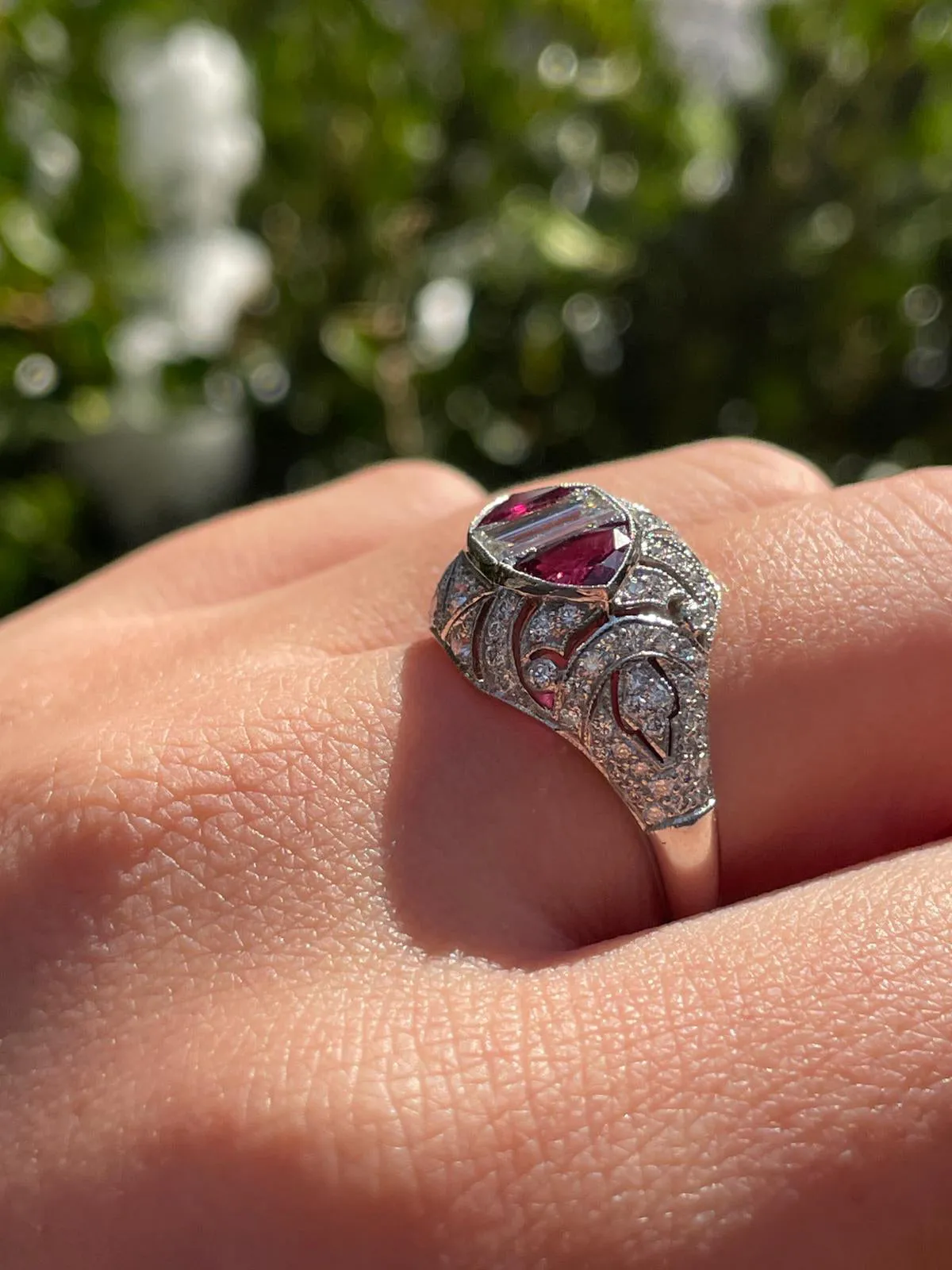 Art Deco ctw GIA I-VS1 Carre Emerald Cut Diamond and Ruby Platinum Ring