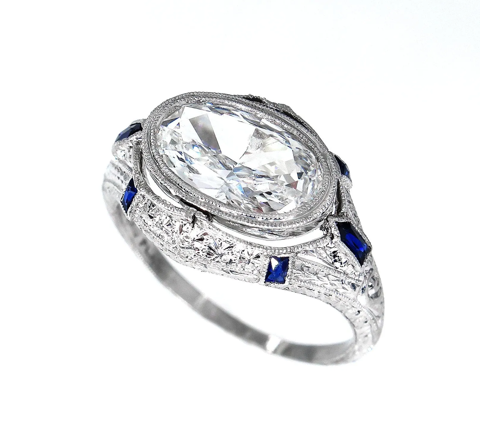 Art Deco GIA 1.60ct E-SI1 Old Oval Diamond French Calibre Sapphire Engagement Ring