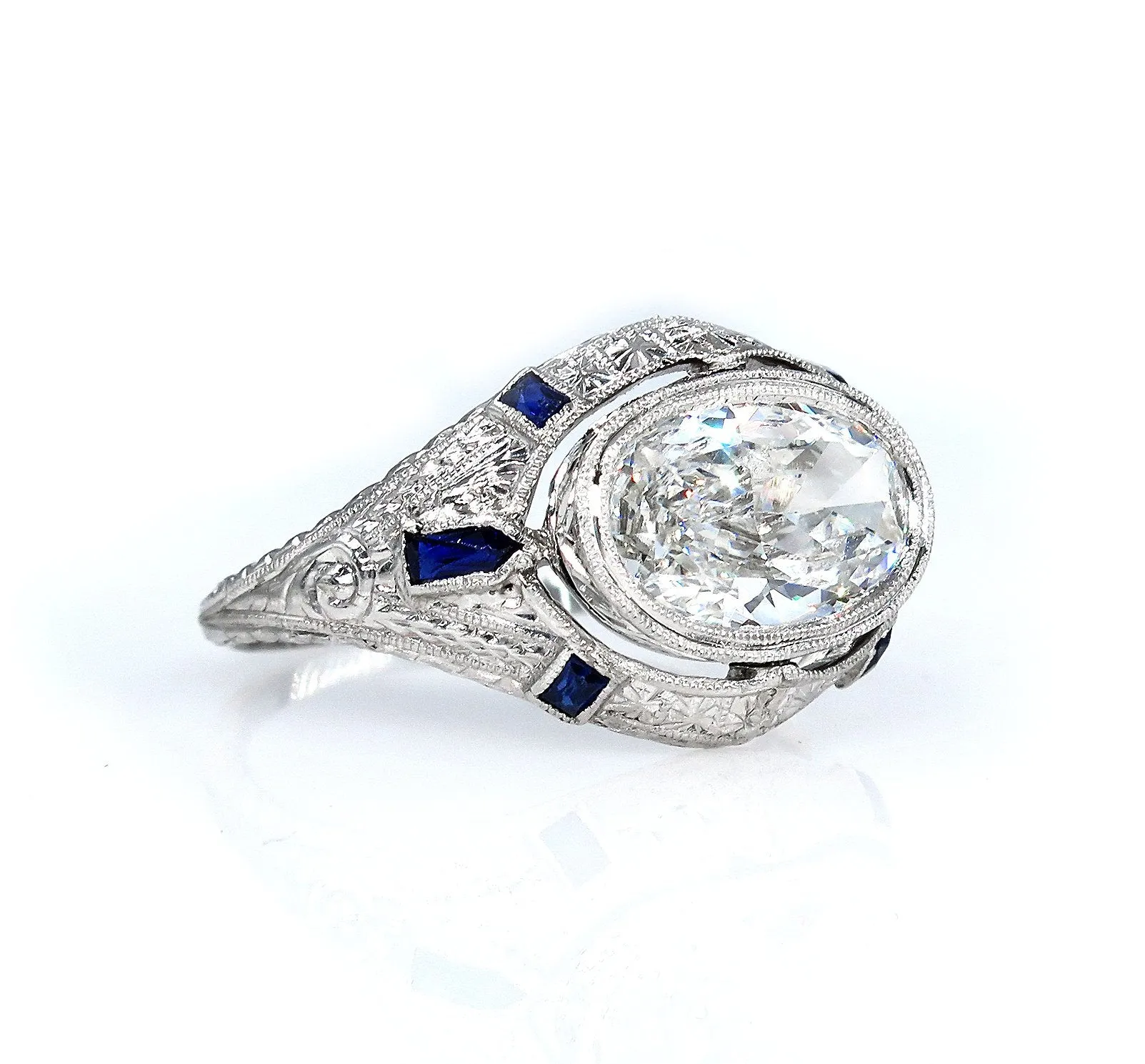 Art Deco GIA 1.60ct E-SI1 Old Oval Diamond French Calibre Sapphire Engagement Ring