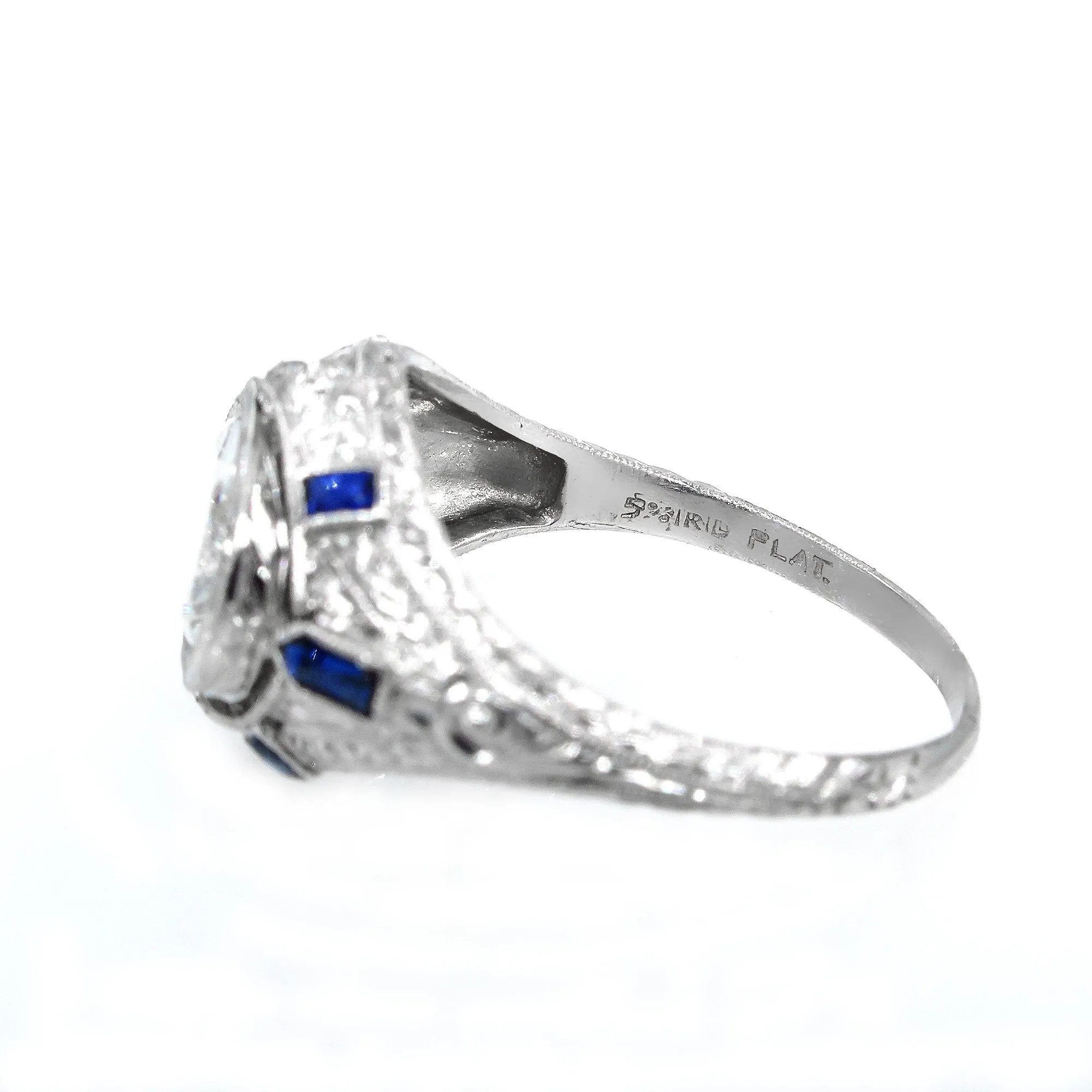 Art Deco GIA 1.60ct E-SI1 Old Oval Diamond French Calibre Sapphire Engagement Ring