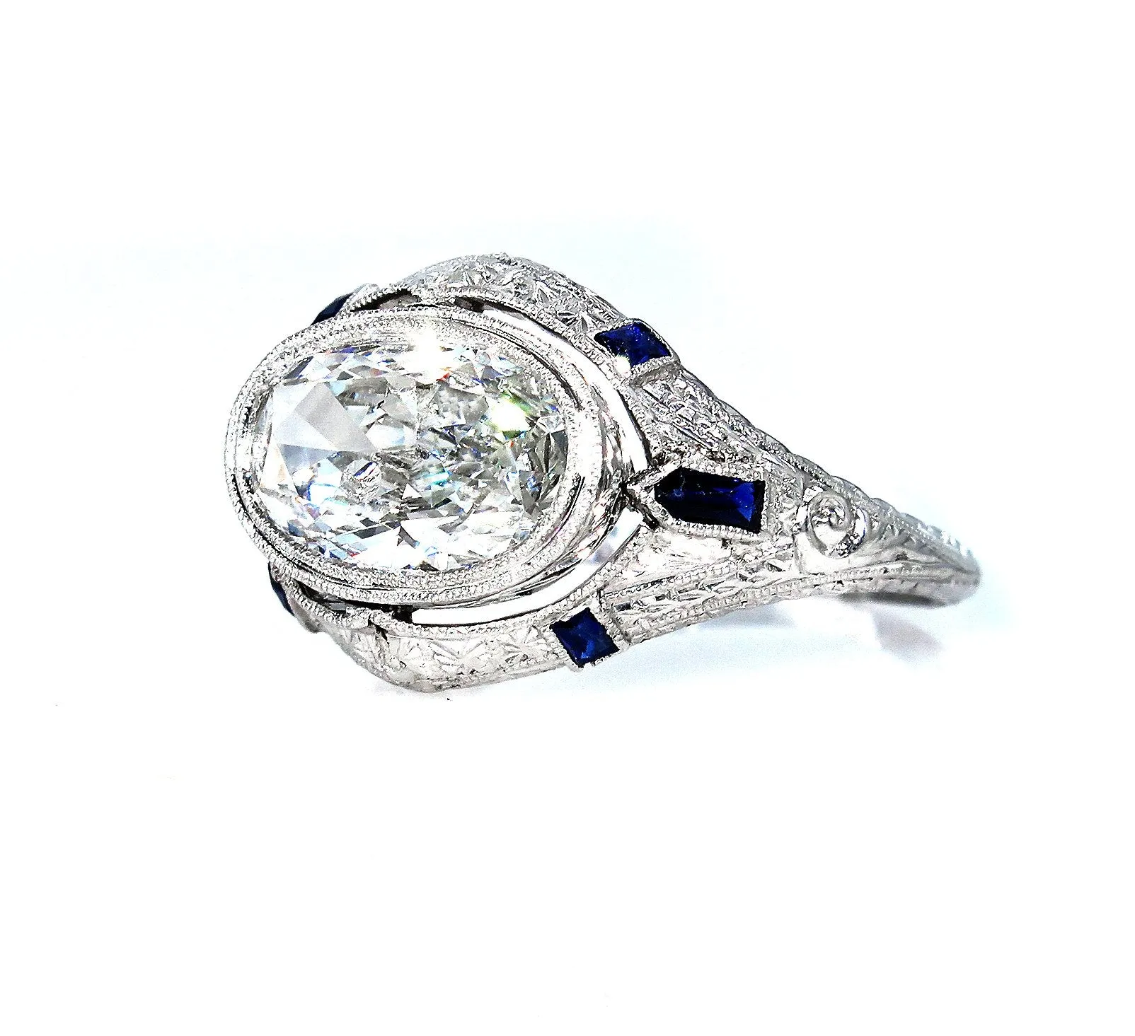 Art Deco GIA 1.60ct E-SI1 Old Oval Diamond French Calibre Sapphire Engagement Ring