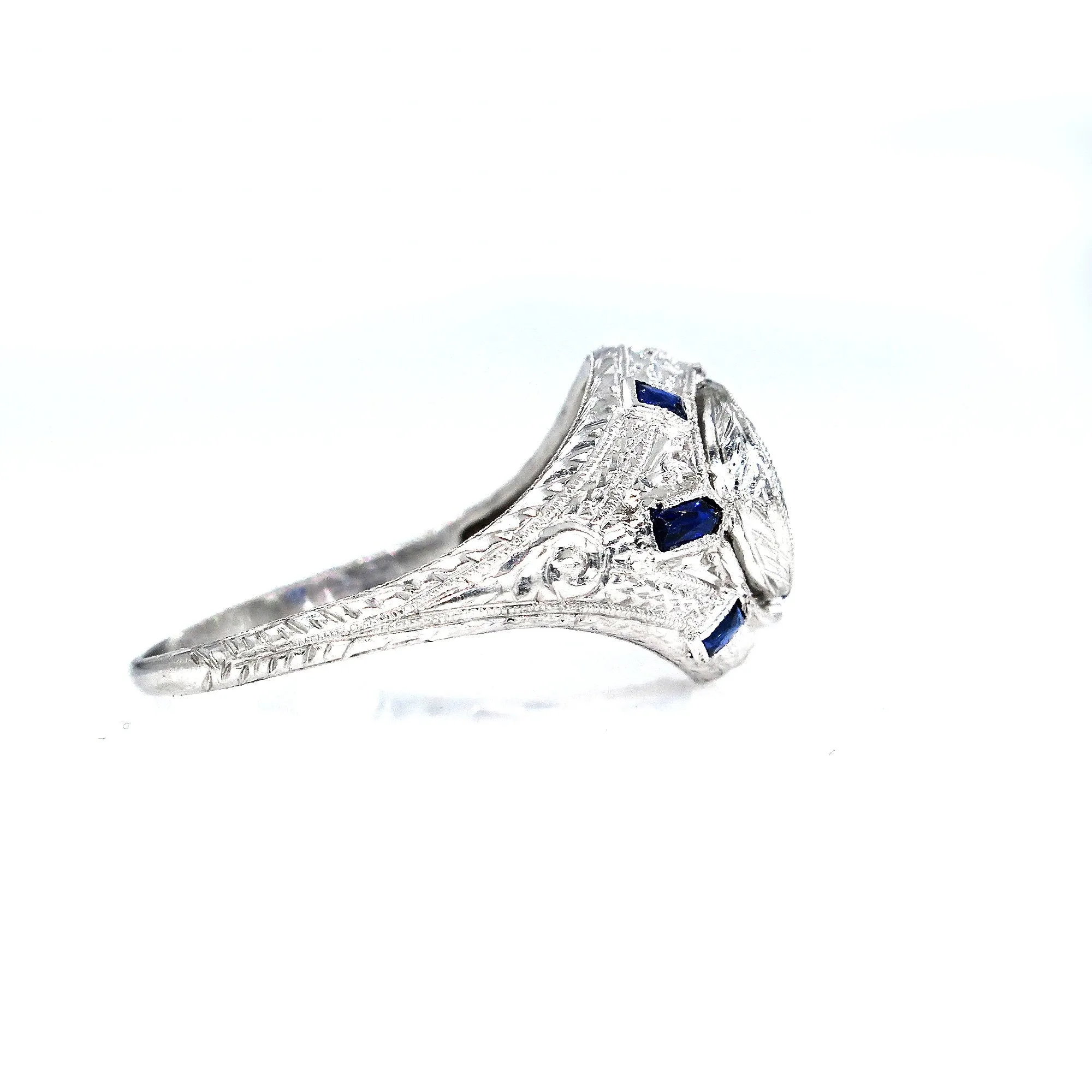 Art Deco GIA 1.60ct E-SI1 Old Oval Diamond French Calibre Sapphire Engagement Ring