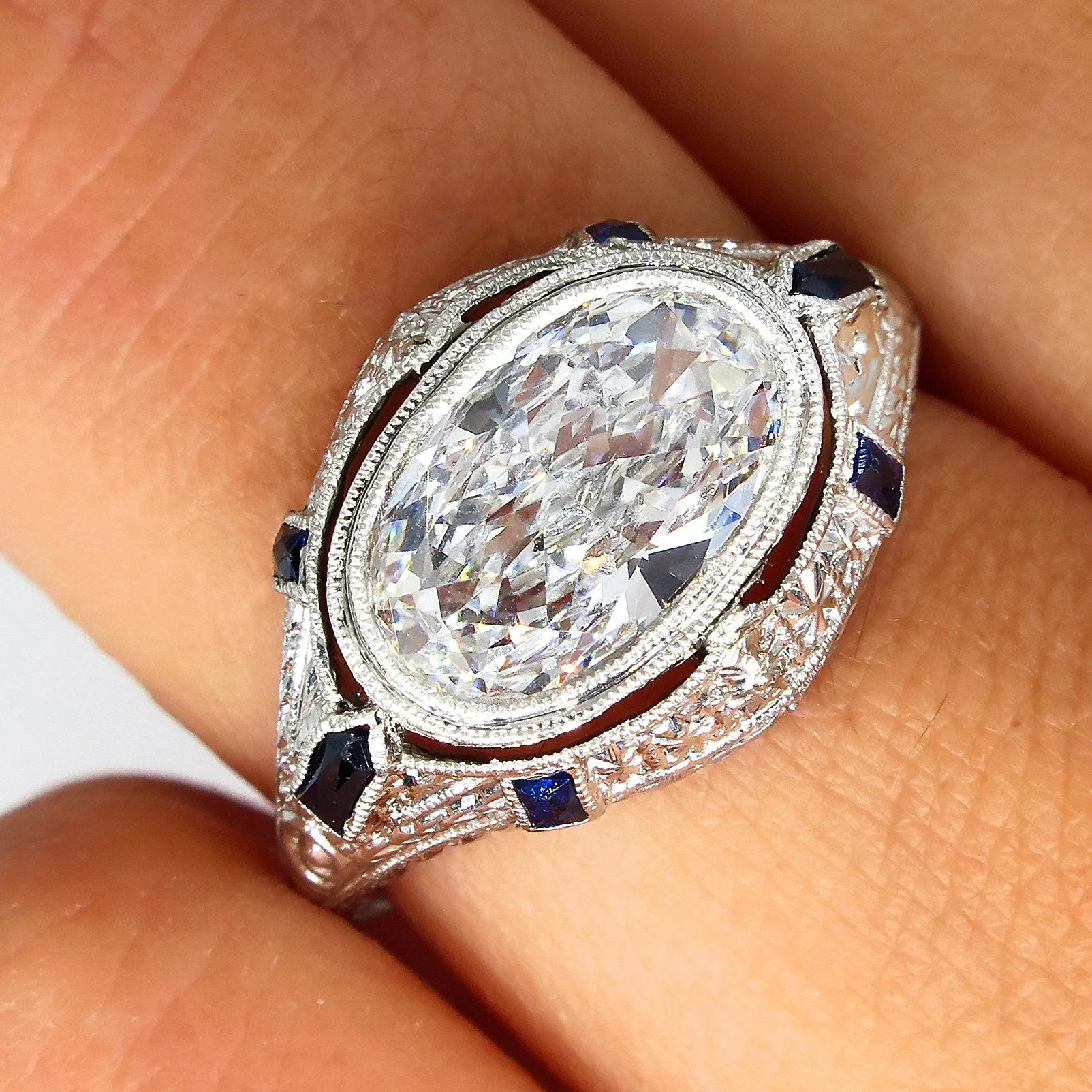 Art Deco GIA 1.60ct E-SI1 Old Oval Diamond French Calibre Sapphire Engagement Ring