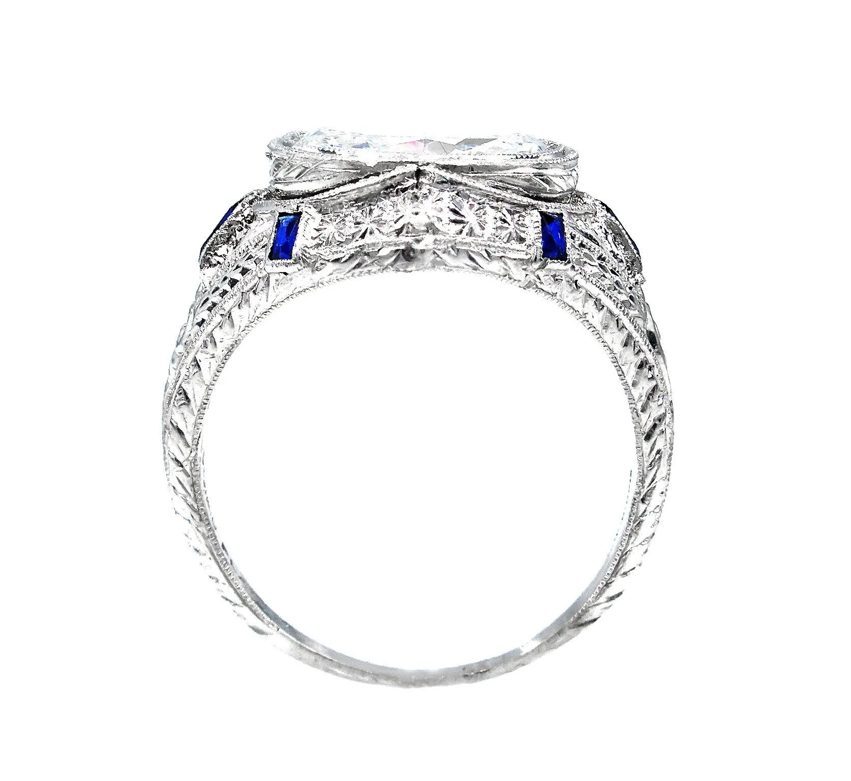 Art Deco GIA 1.60ct E-SI1 Old Oval Diamond French Calibre Sapphire Engagement Ring