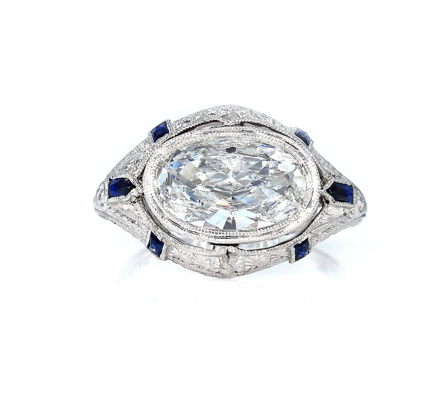 Art Deco GIA 1.60ct E-SI1 Old Oval Diamond French Calibre Sapphire Engagement Ring