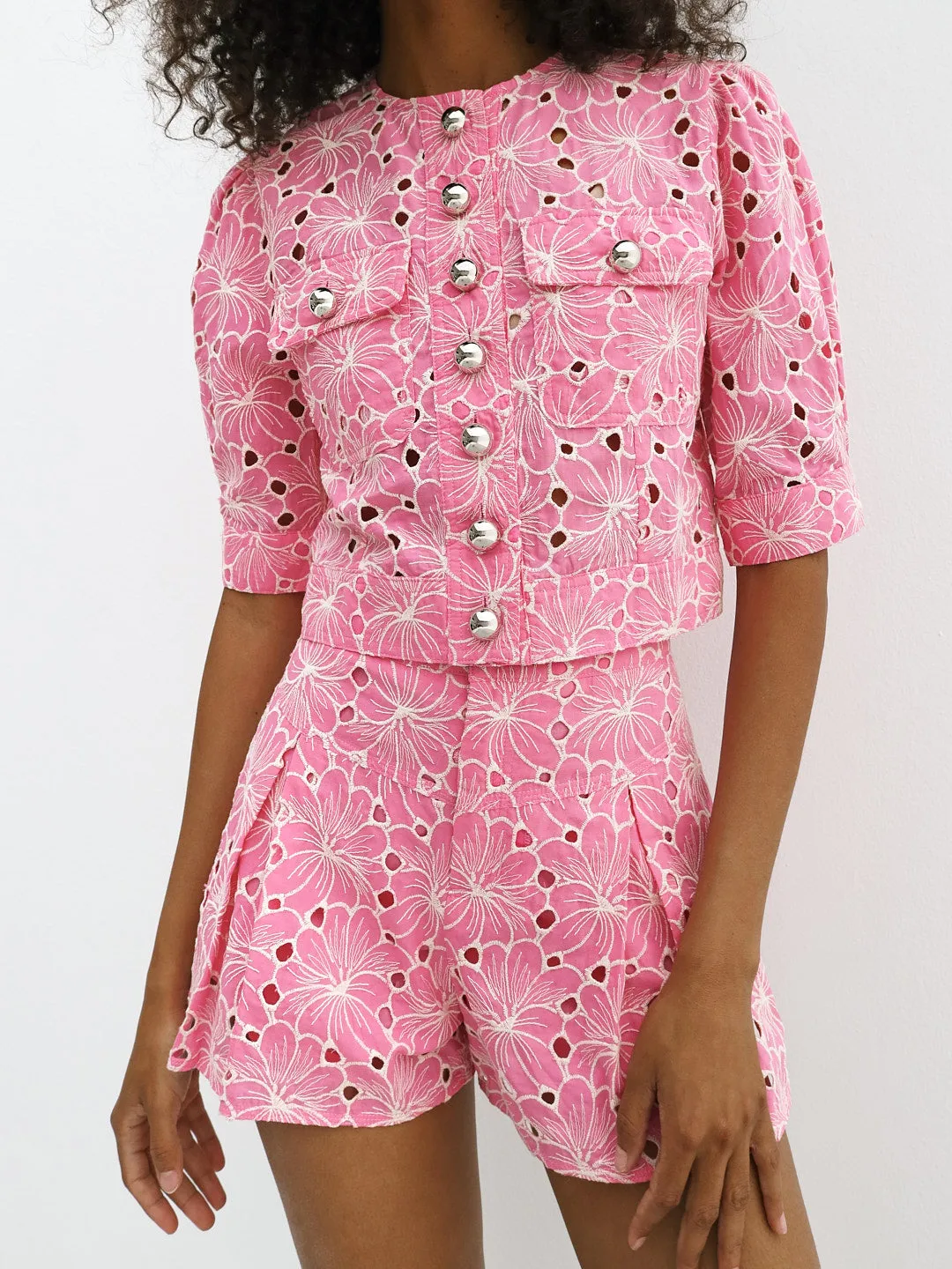 Astoria Embroidered Button Through Top | Sunset Pink