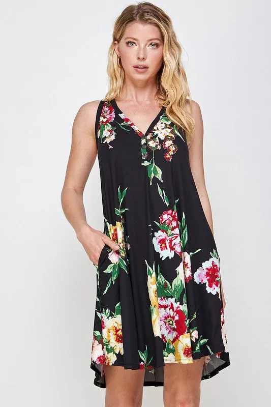 Black Floral Button Dress