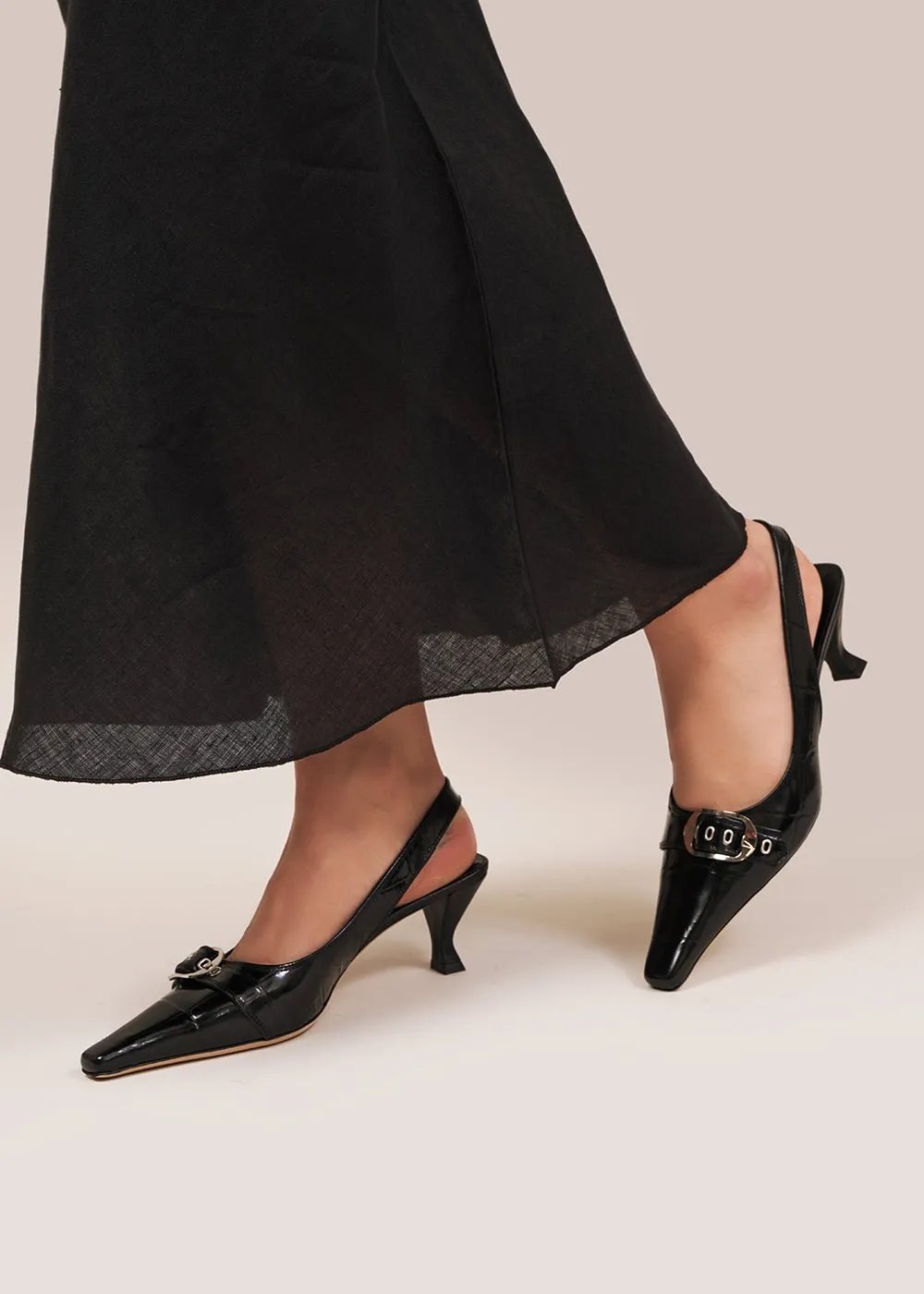 Black Maxi Croco Evita Slingbacks