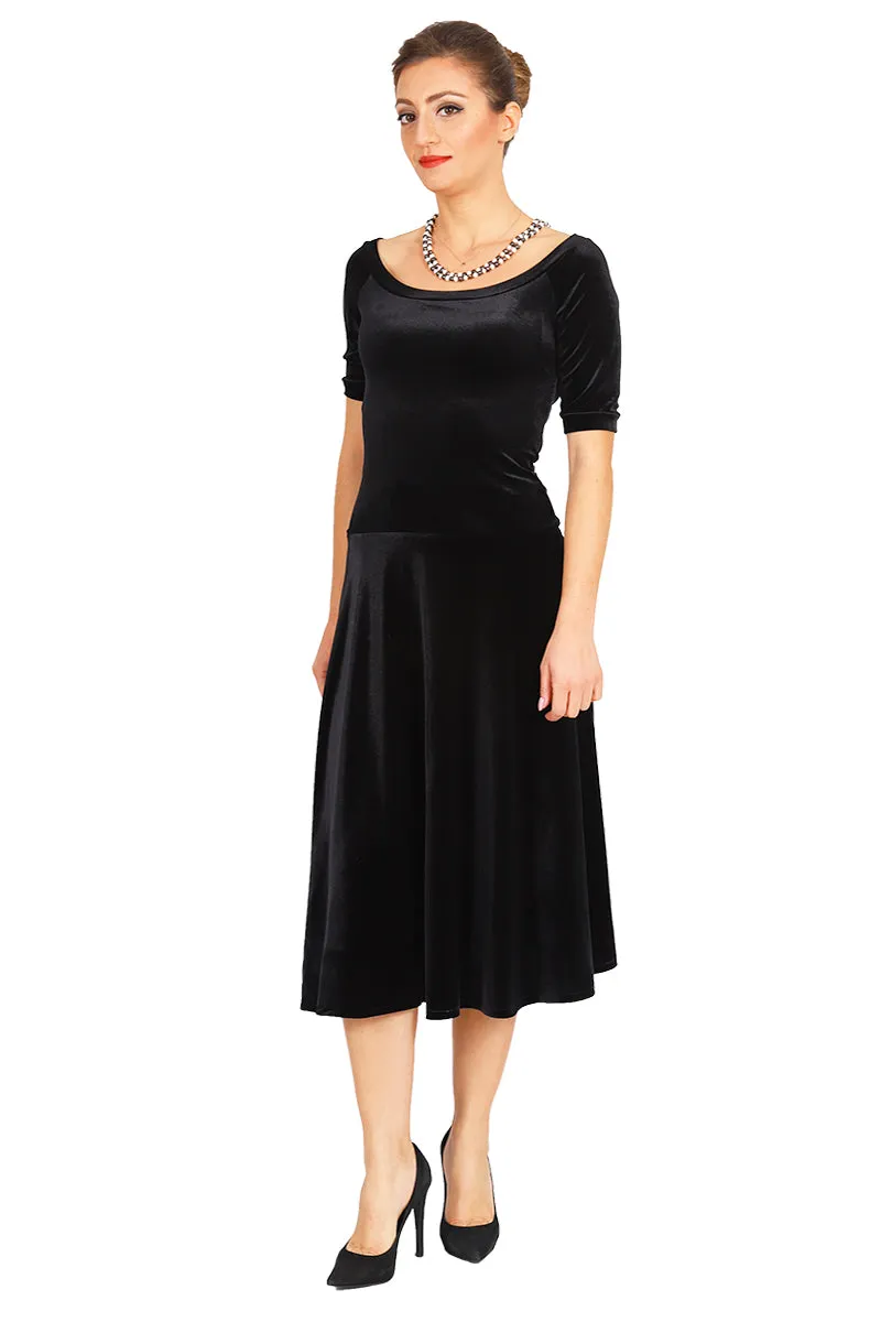 Boat Neckline Fit-and-flare Velvet Dress