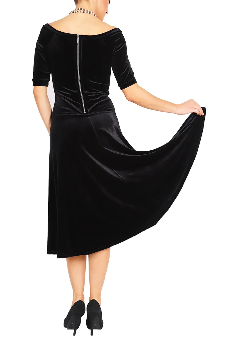 Boat Neckline Fit-and-flare Velvet Dress