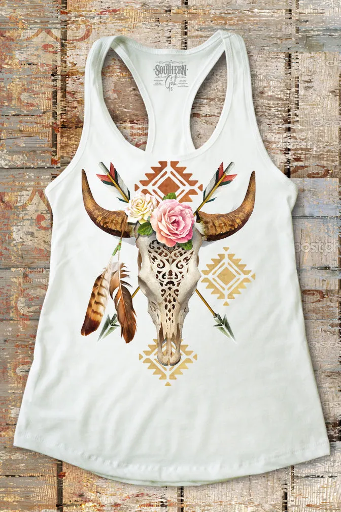 Boho Bull Skull & Roses Racerback Tank Top