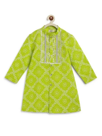 Boy Bandhani Print Cotton Kurta Set - Green