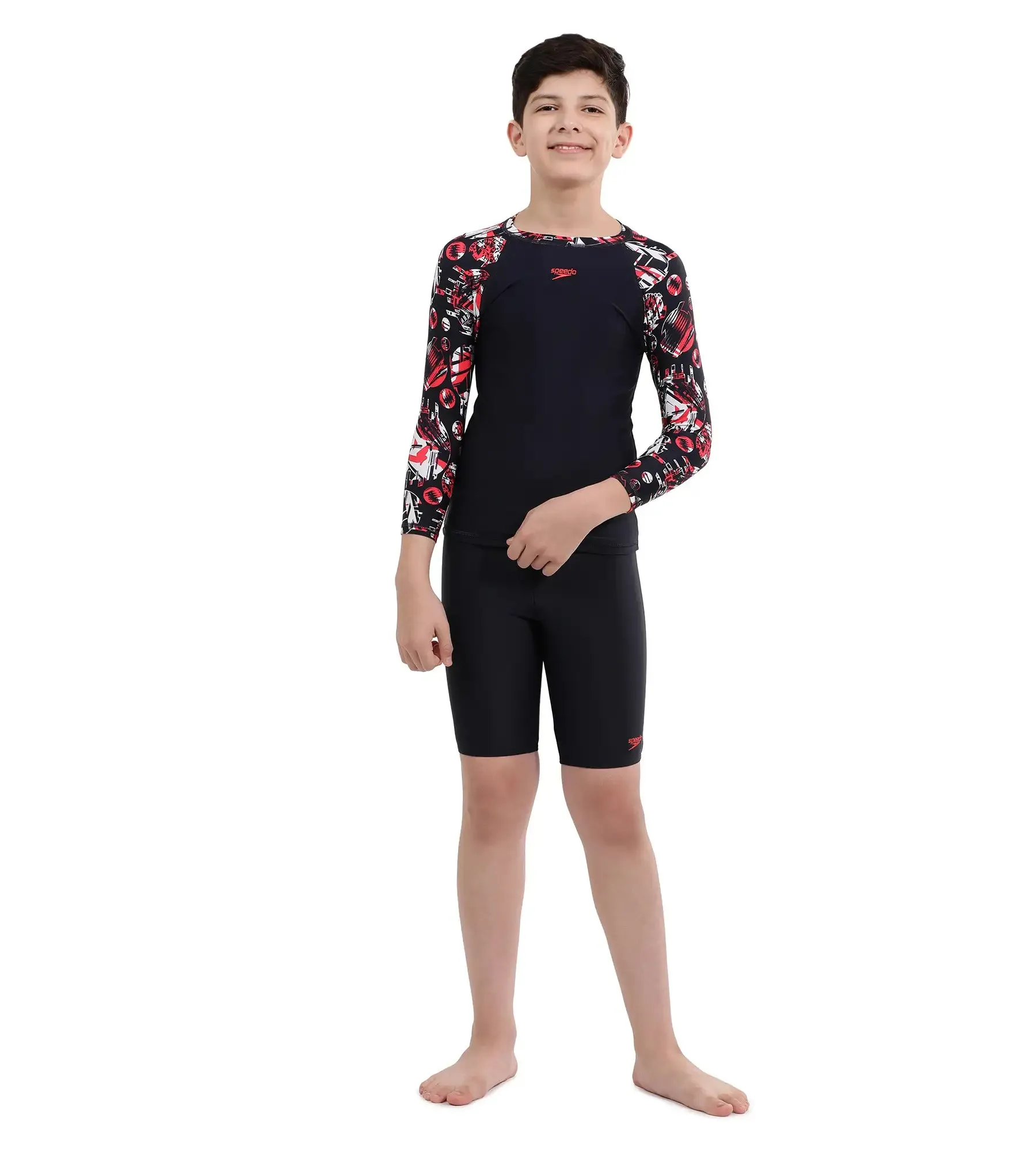 Boy's Endurance Glitchamp Long Sleeve Suntop - True Navy & Lava Red