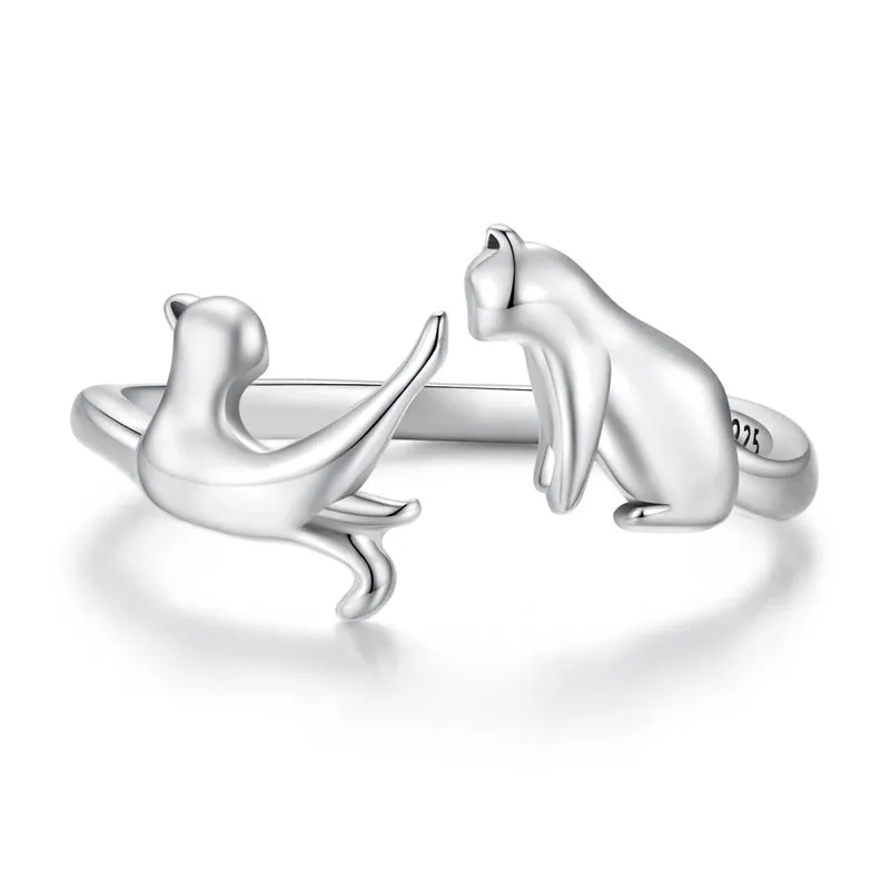 Cat Rings for Women Sterling Silver Adjustable Animal Ring Dainty Stackable Rings Cute Cat Ring Gifts for Cat Lovers