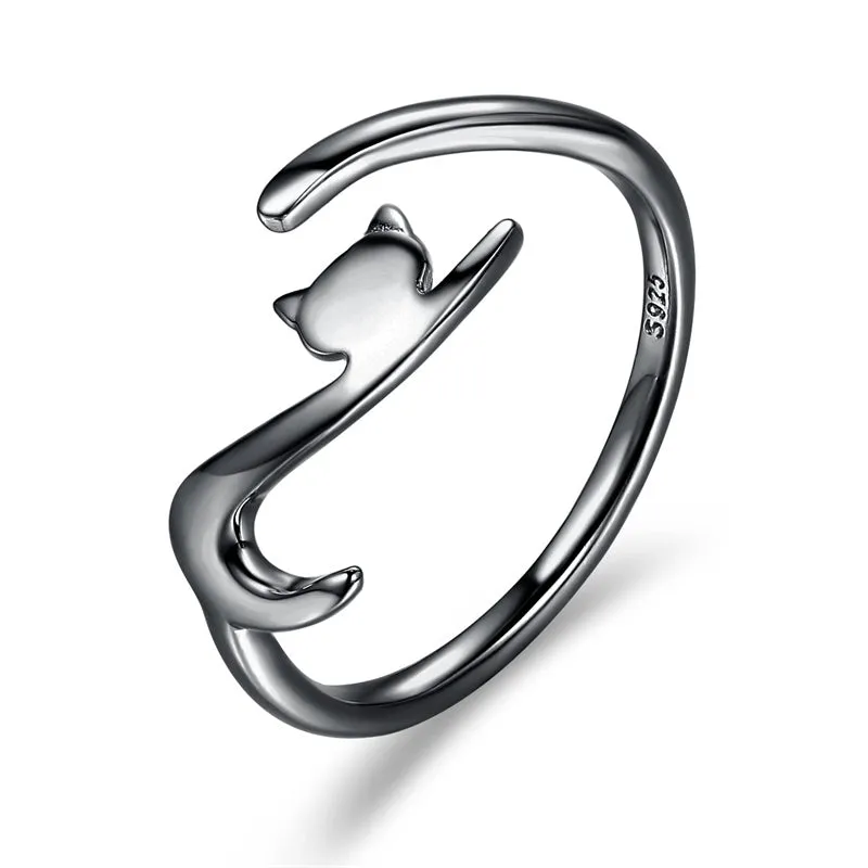 Cat Rings for Women Sterling Silver Adjustable Animal Ring Dainty Stackable Rings Cute Cat Ring Gifts for Cat Lovers