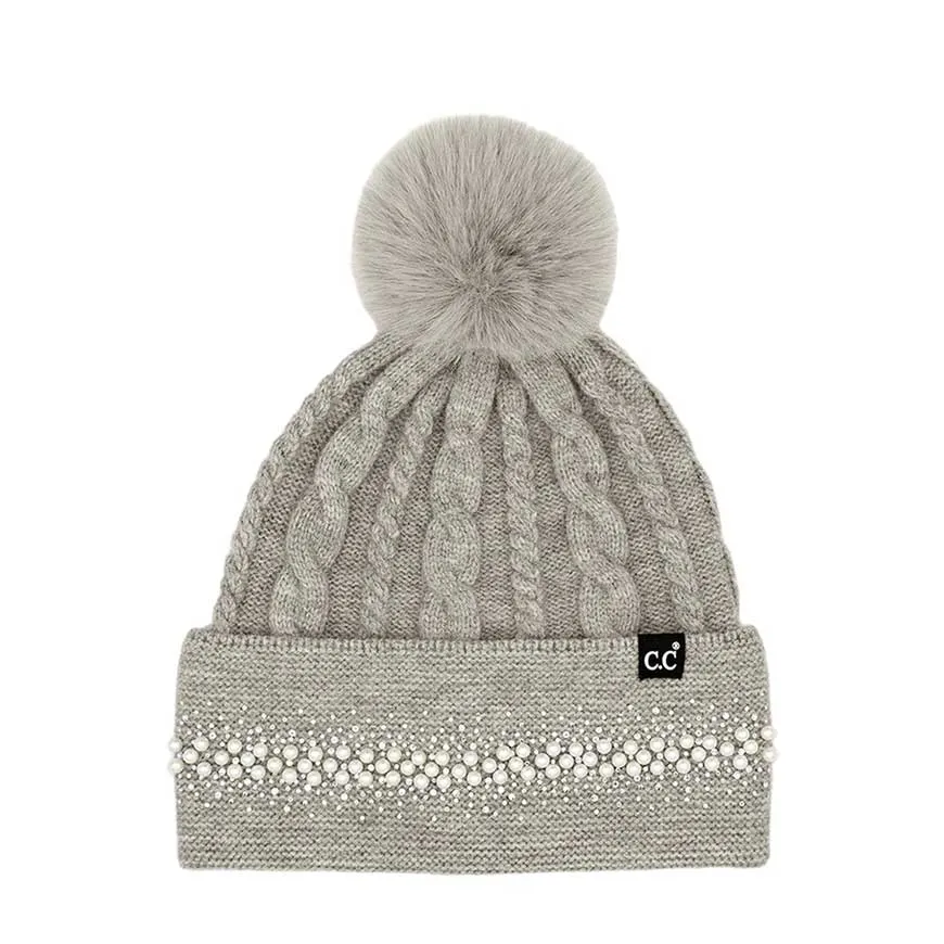 C.C Pearl Rhinestone Embellishment Beanie Faux Fur Pom Pom