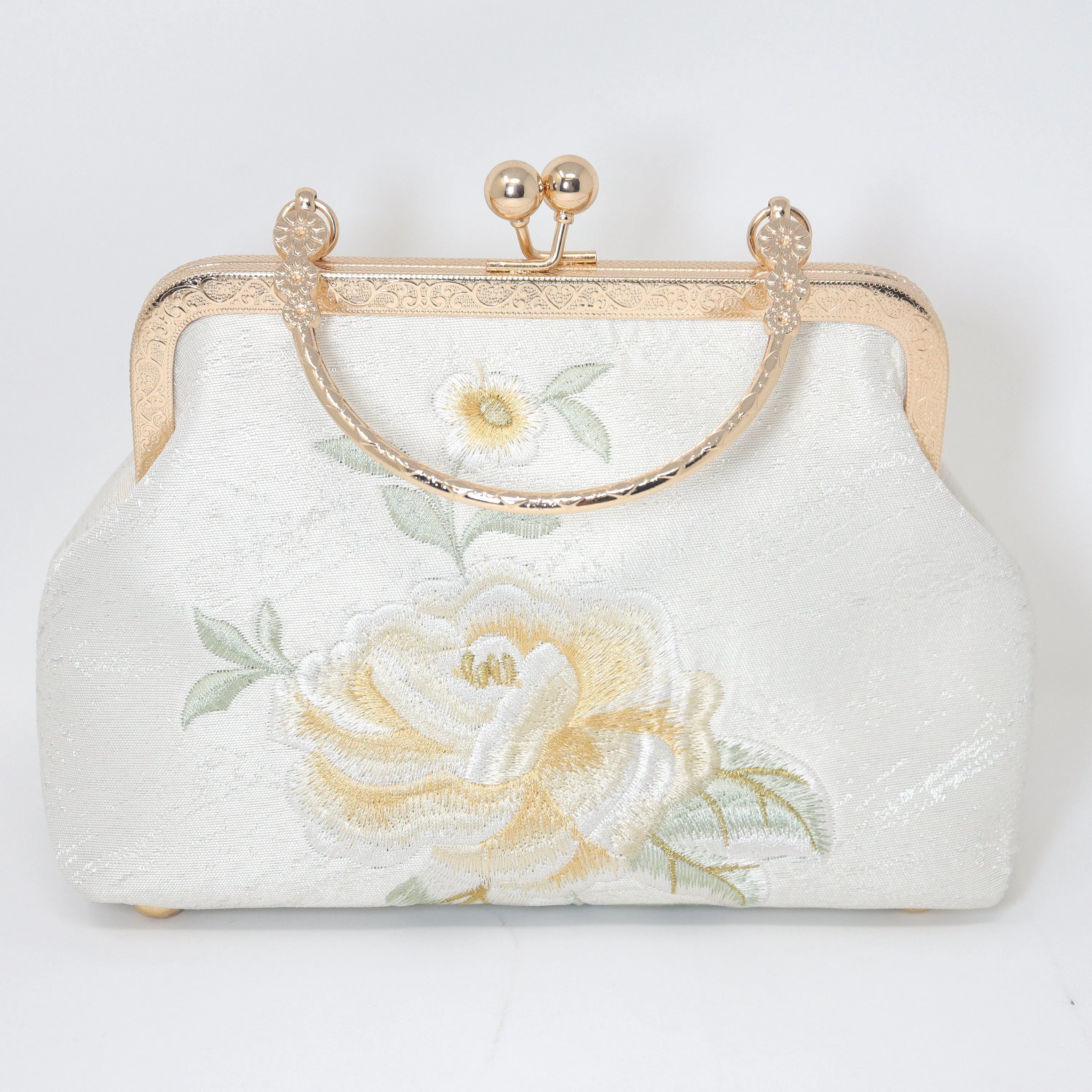 Cream Beige Gold Embroidered Rose Floral Wedding Bag, Statement Bag, Evening Clutch, Wedding Clutch, Bridal Clutch, White Cross Body Bag