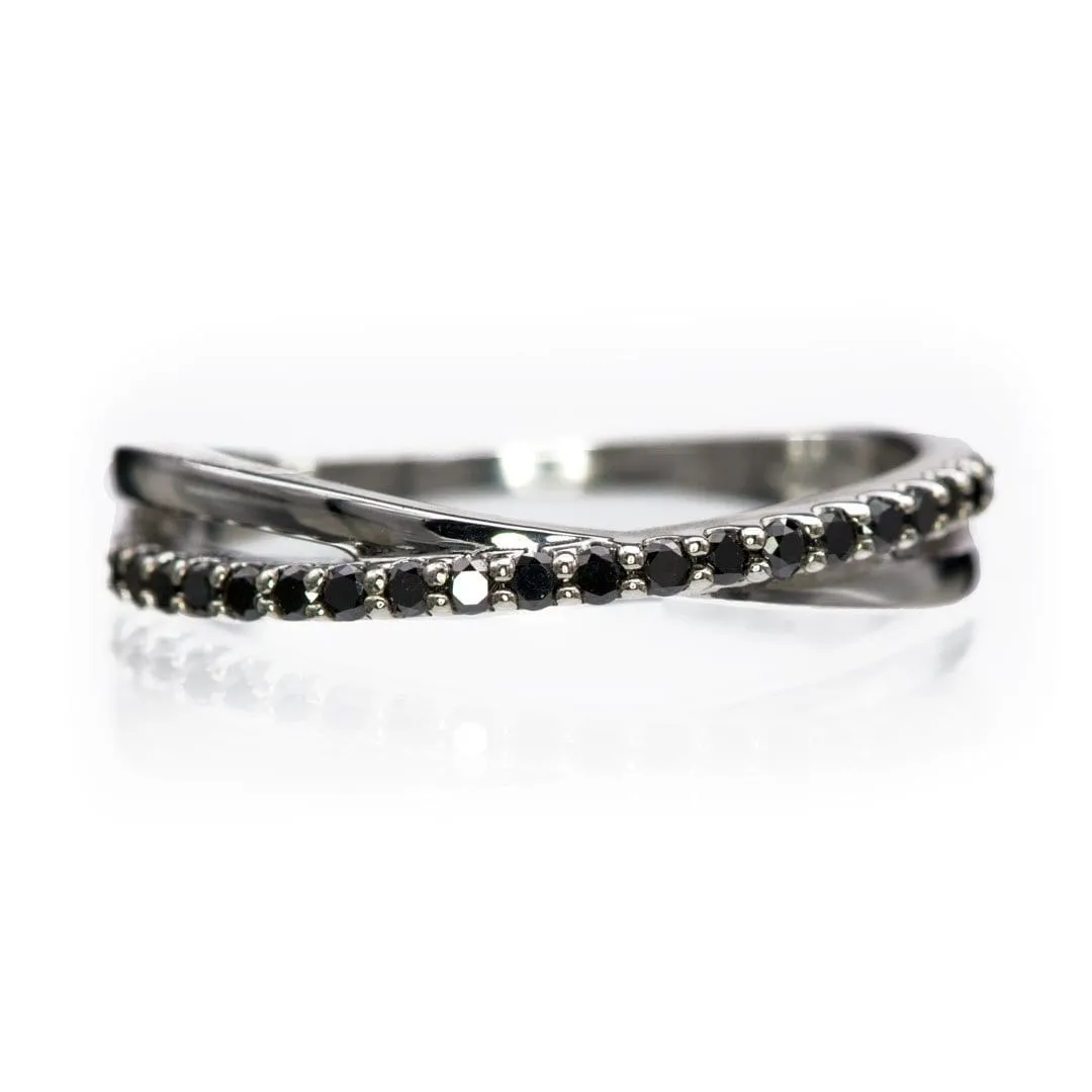 Criss Cross Black Diamond Band - Contoured Wedding Ring with Black Diamonds