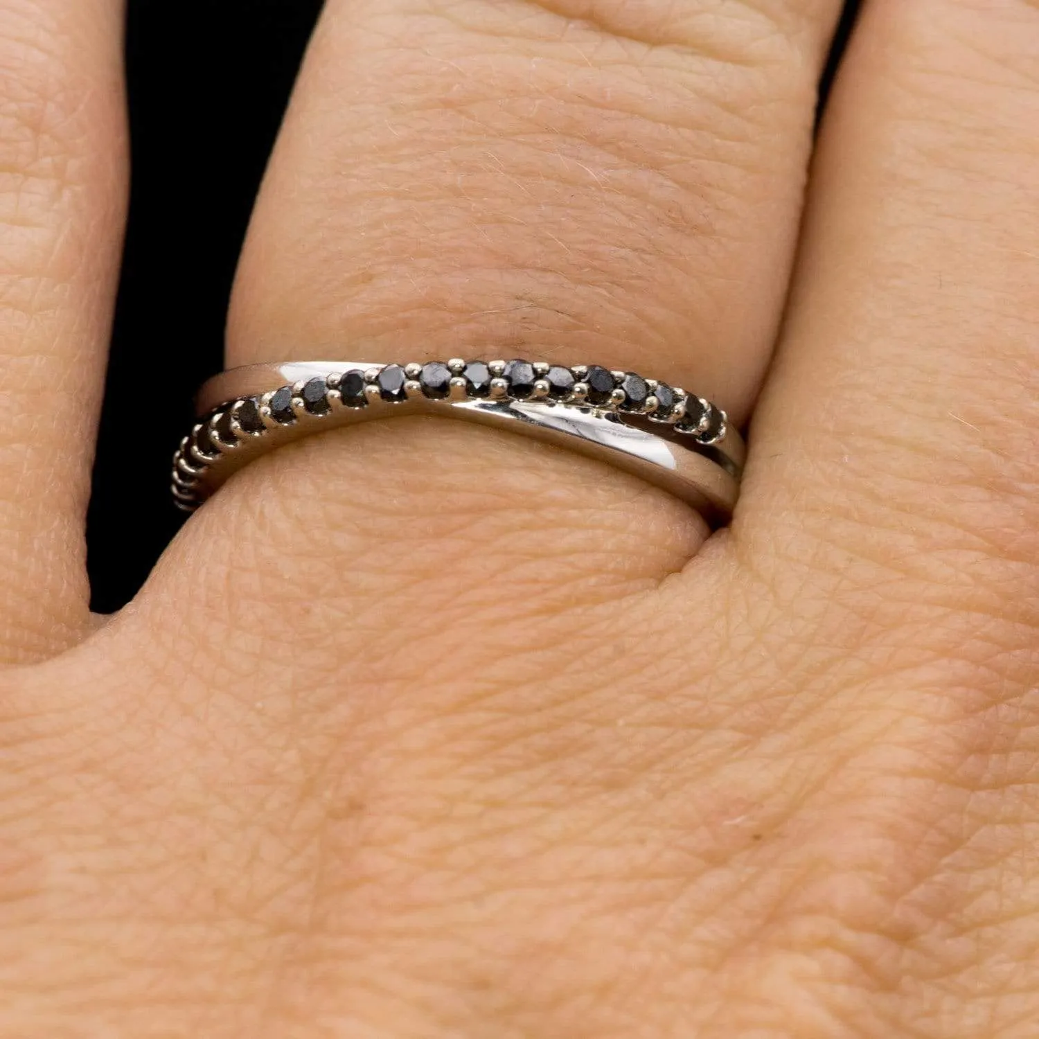 Criss Cross Black Diamond Band - Contoured Wedding Ring with Black Diamonds